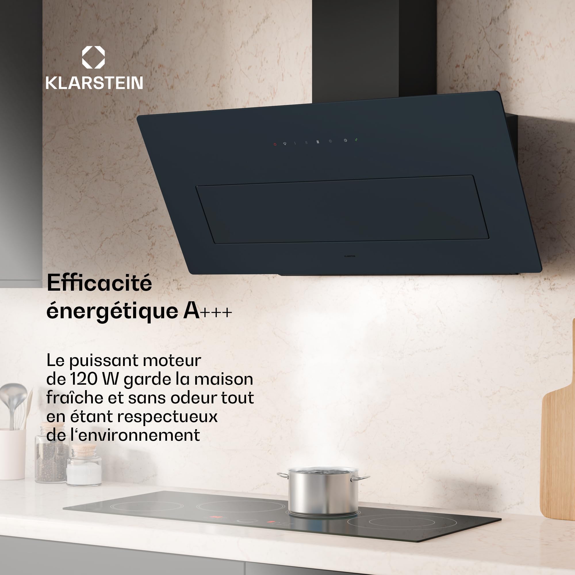 Klarstein SleekAir Hotte Aspirante - 90cm Hotte Décorative, Débit 718 m³/h, A++ Énergie, Éclairage LED 5W, Commande Tactile, Double Ventilation, Anthracite