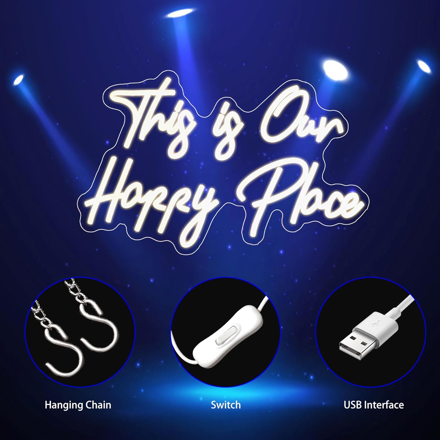 This Is Our Happy Place Neon Sign, Neon Signs for Wall Decor Neon Warm White LED Signs Room Neon Light Up Signs Home Decor for Bedroom Club Party Bar Shop USB Operated