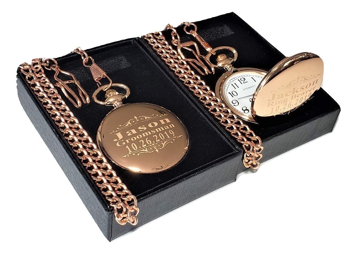 Engraved Pocket Watches - 2 Wedding or Groomsmen Personalized Unique Gifts - Chain, Box and Engraving All Included, Comes in 4 Colors (Rose Gold)