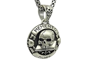 Sterling Silver Memento Mori Biker Necklace: Skull Over Book - Handcrafted, Mystic...