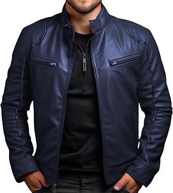 Mens Stand Collar Faux Leather Jacket Casual Zip Up Leather Motorcycle Jacket Solid Color Slim Punk Biker Outwear