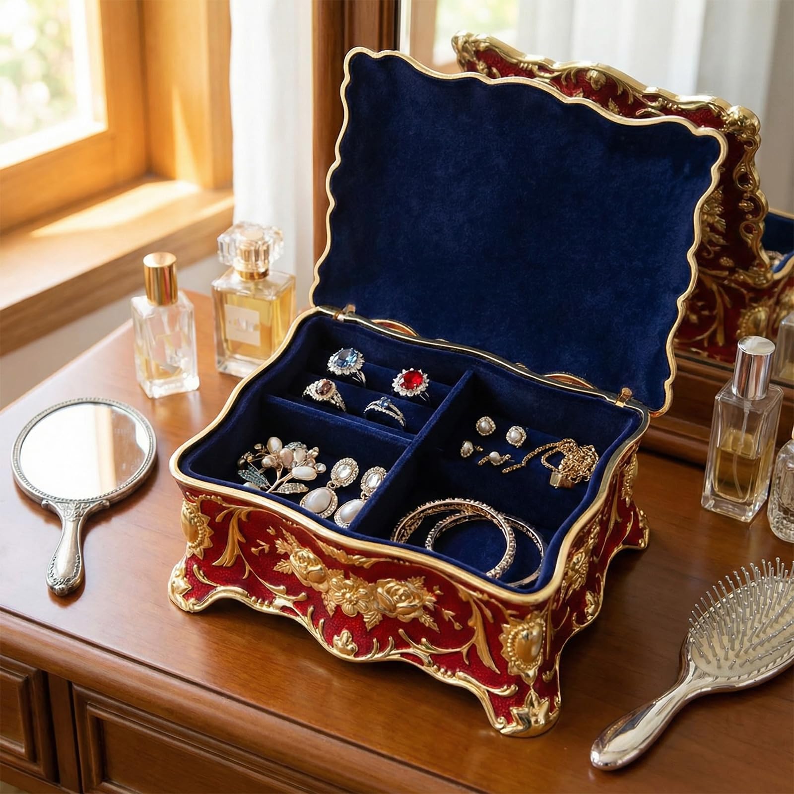 Joyero de Metal con grabado de europea para anillos, collares y pendientes con forro, estuche de almacenamiento de joyería Retro