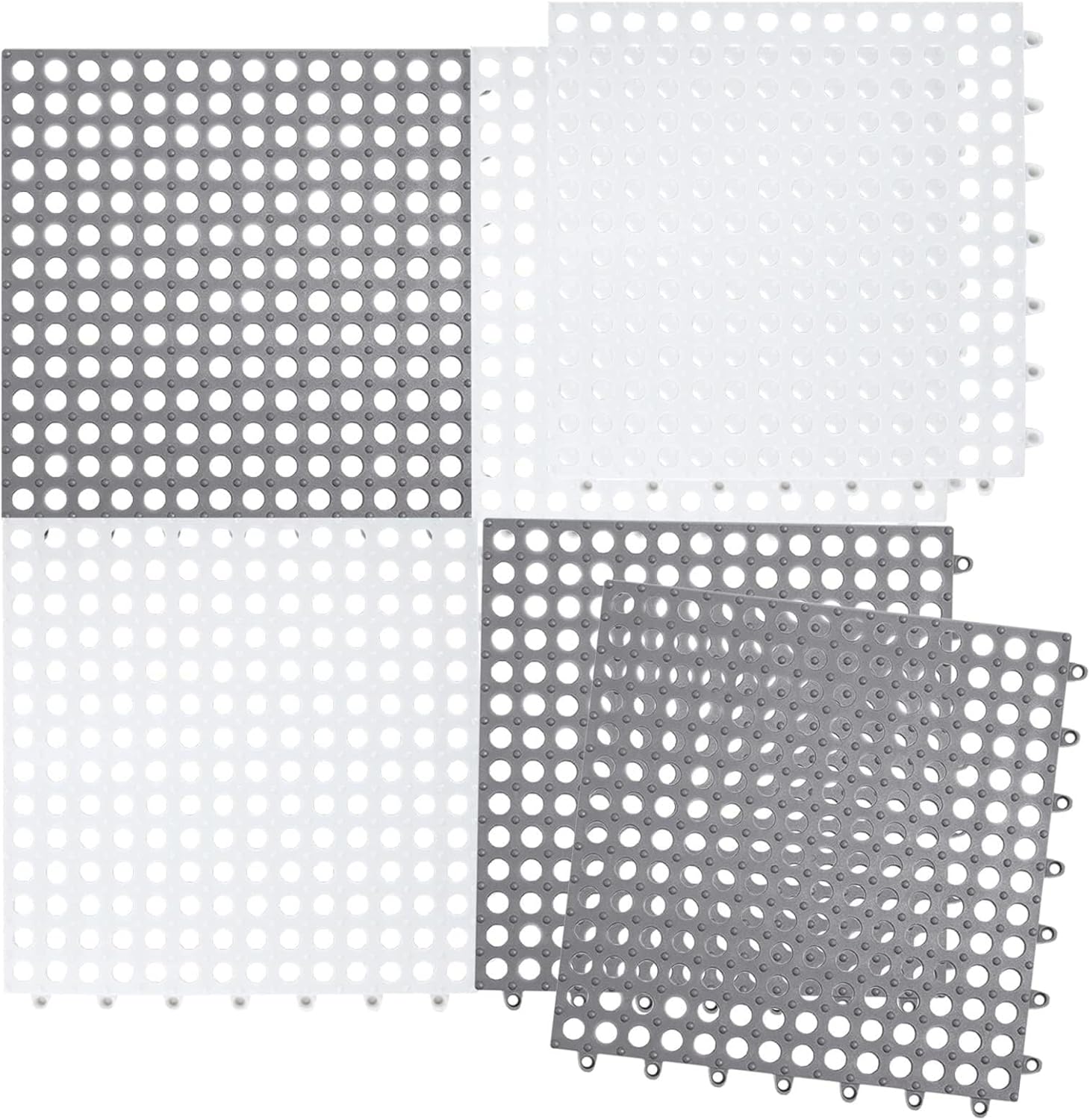 6 PCS Interlocking Non-Slip Floor Tiles, 30cm Soft Floor Tiles, Bath Shower Floor Mat with Drain Holes, Interlocking Drainage Mat for Pool, Bathroom,6 Pack White(3 Pack White+3 Pack Gray)