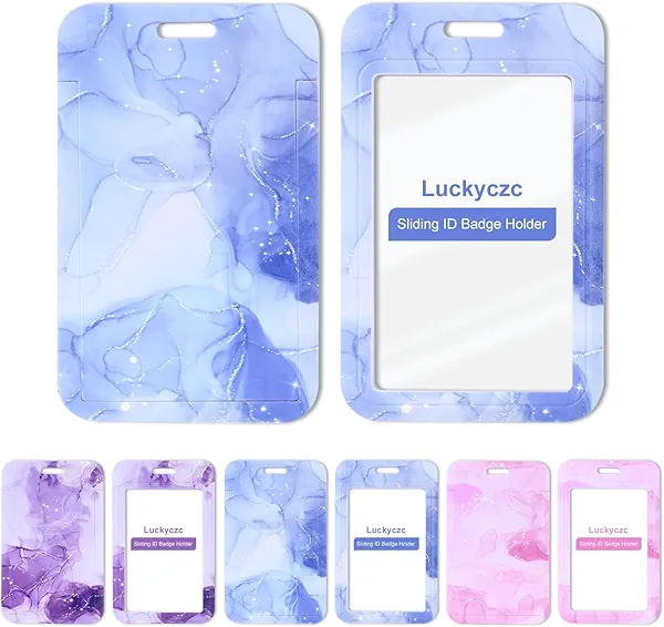 2 Pcs Vertical ID Badge Holder, Sliding Hard Plastic Card Protector for Office School Nurse Credit Cards Proximity Key Passes Gifts (Blue Marble, 2 Pcs)