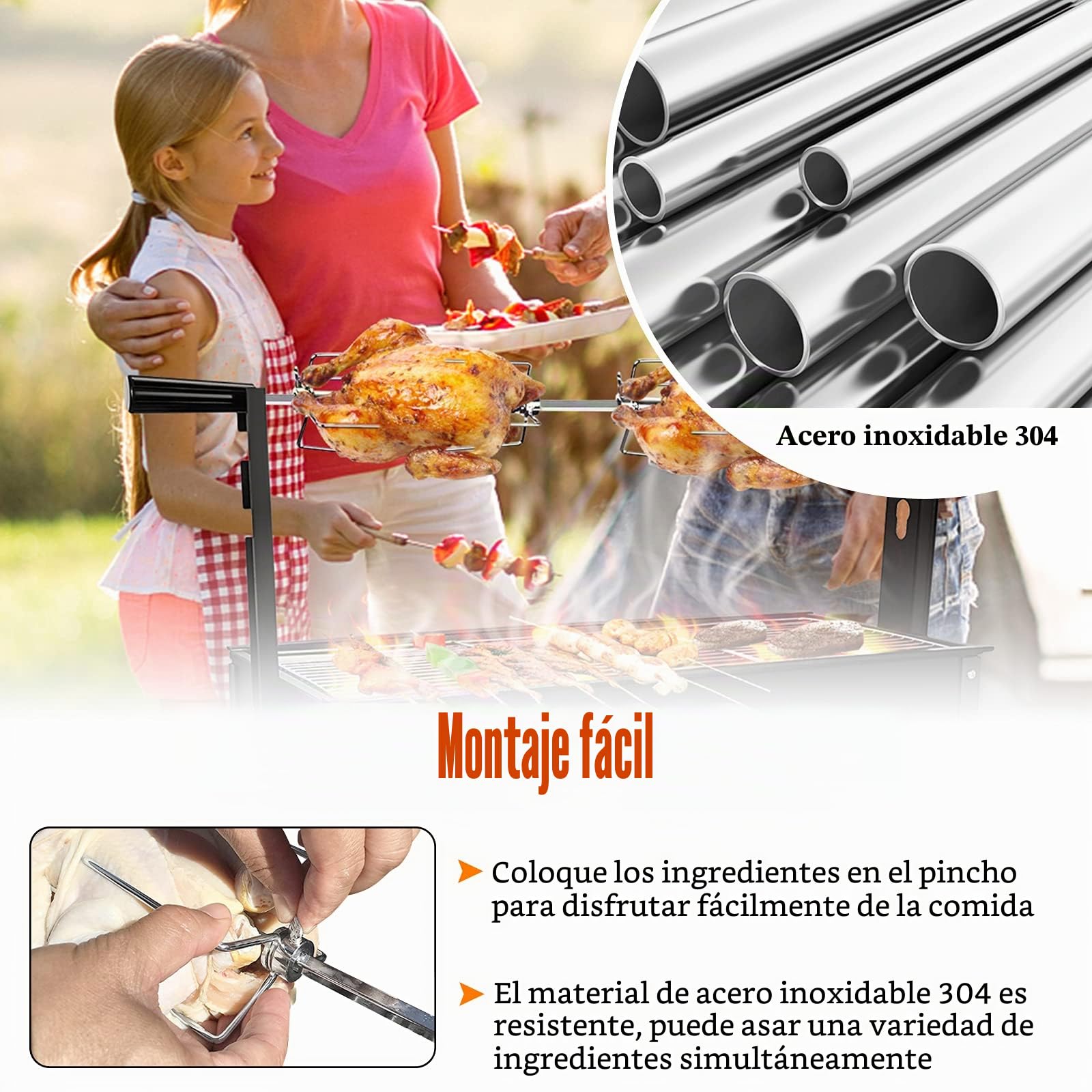 NAIZY Asador Giratorio Electrico para Parrilla de Gas Juego con Brocheta Incluye 2 agujas para carne y motor de Acero Inoxidable Barbacoa Asador 220V - 240V para asador y parrilla de gas