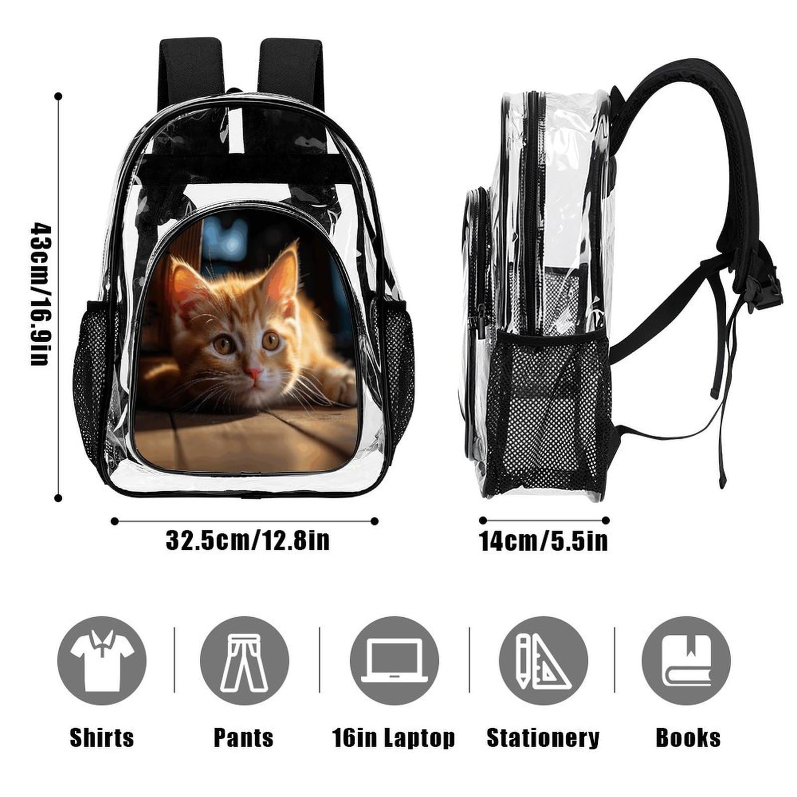 Piccolo zaino trasparente con gatto arancione, grande, in PVC trasparente, per sicurezza, lavoro, viaggi, stadio