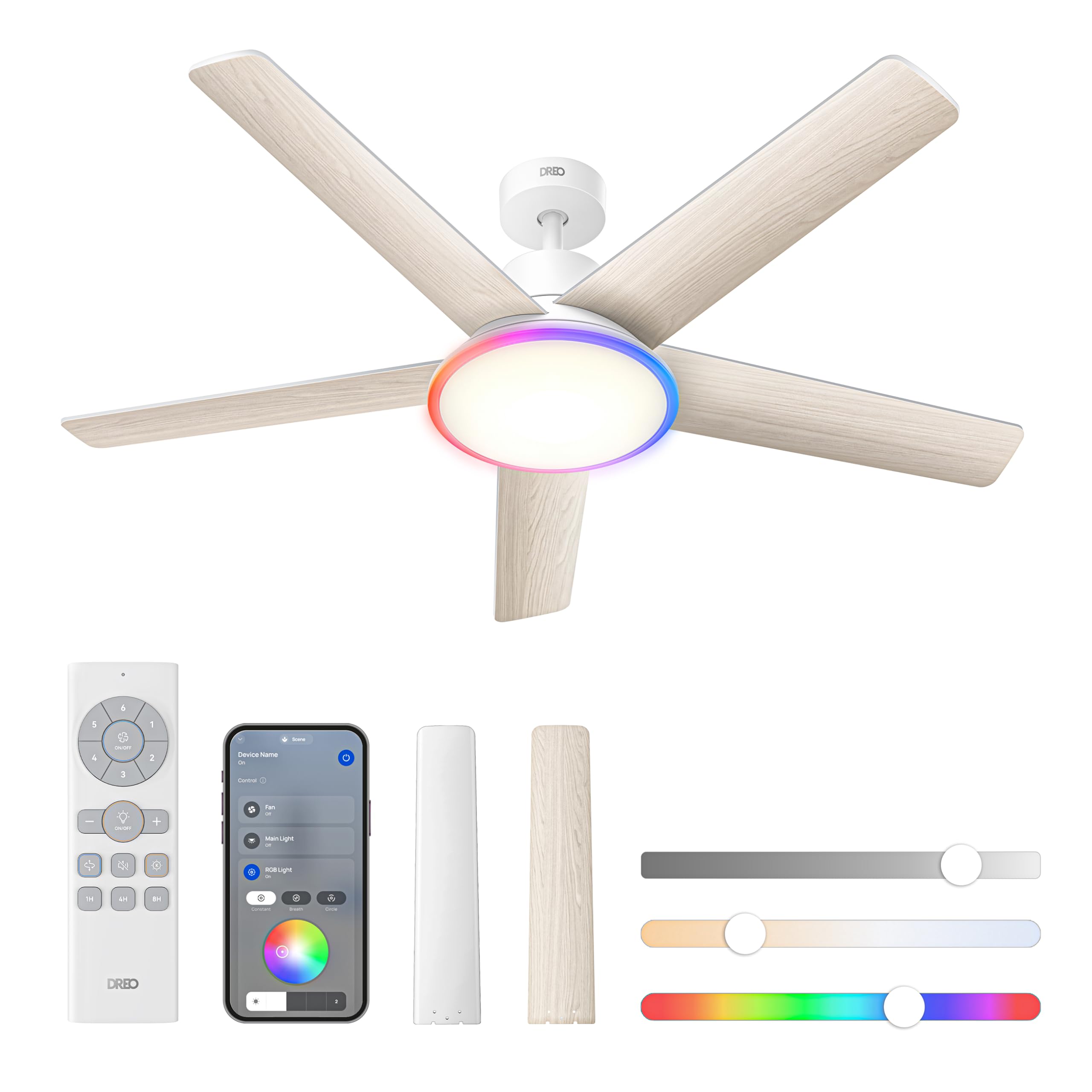Dreo Smart Ceiling Fan, 52 Inch 12 Speeds 3 Ventilation Modes, Dimmable LED with Continuous Color Changing, 12H Timer, Quiet DC Motor, Remote Control/APP/Alexa