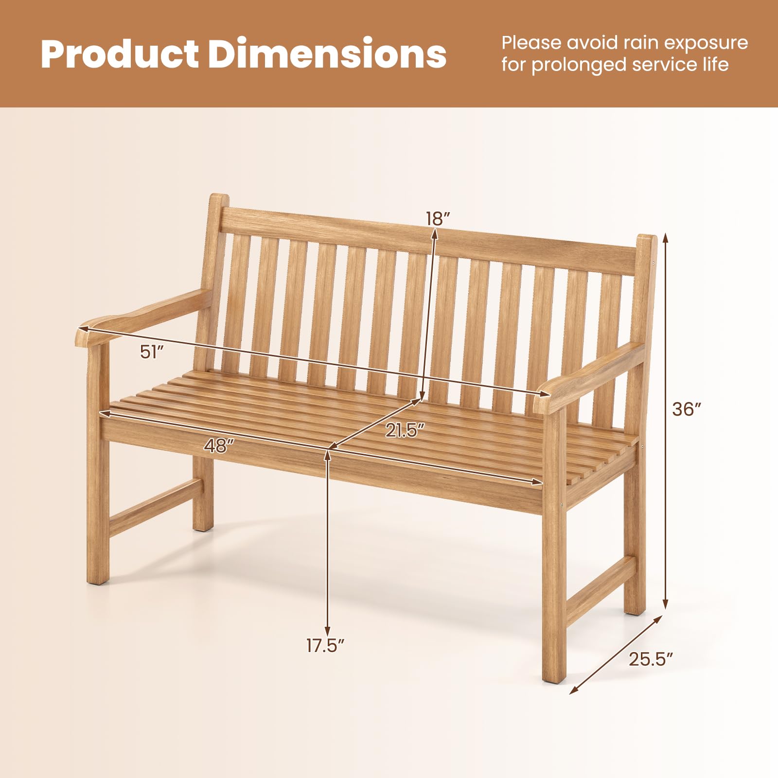 Tangkula 51" Teak Wood Outdoor Bench, 2-Person Solid Wood Garden Patio Bench with Backrest and Armrests, Wooden Loveseat Seating Furniture for Porch, Balcony, Backyard and Deck