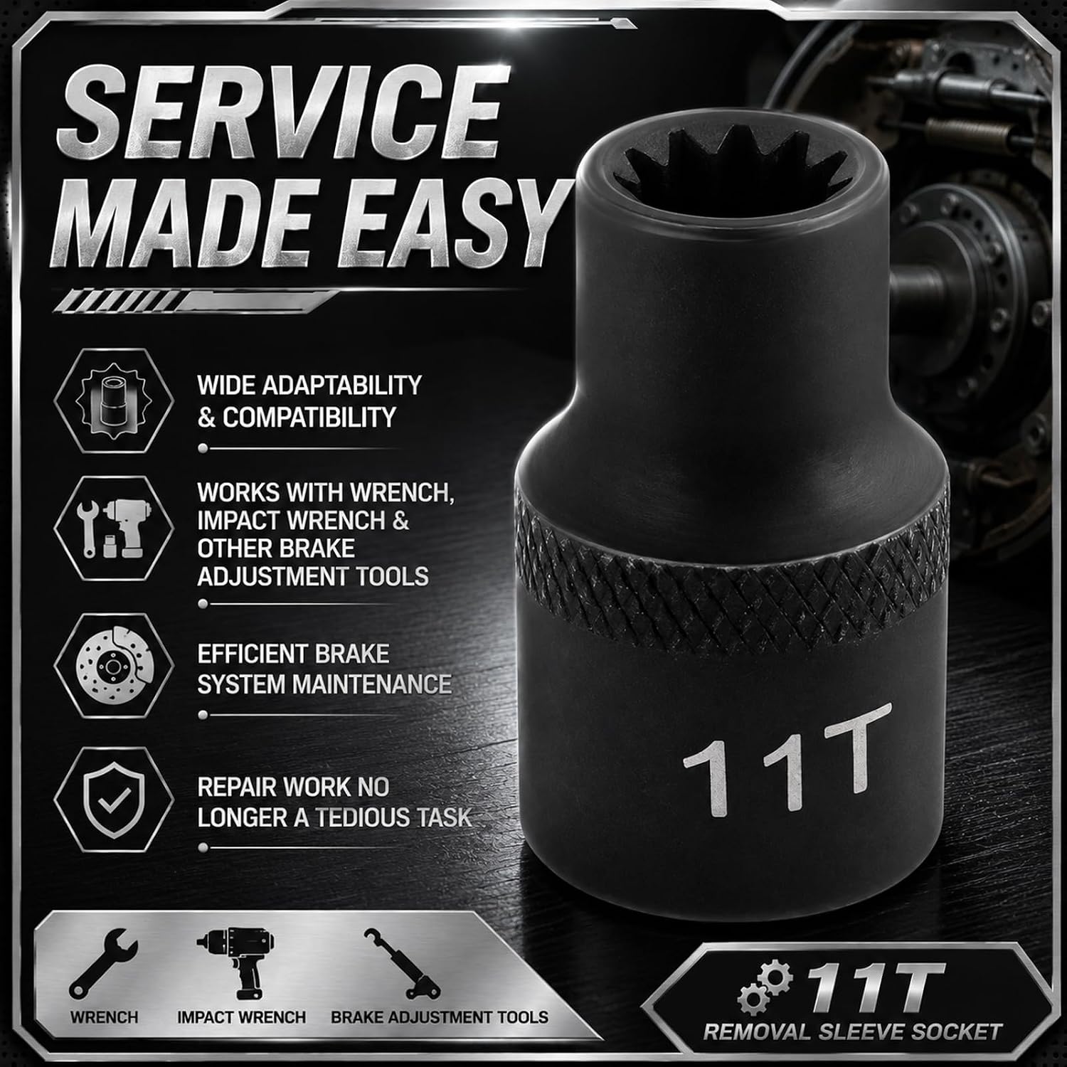 2PCS 11 Point Brake Caliper Socket with 3/8" Drive Port,Sturdy Truck Brakes Caliper Tool Socket Compatible with Volvo & Knorr-Bremse SB SK SN Calipers,Essential Air Brake Tools