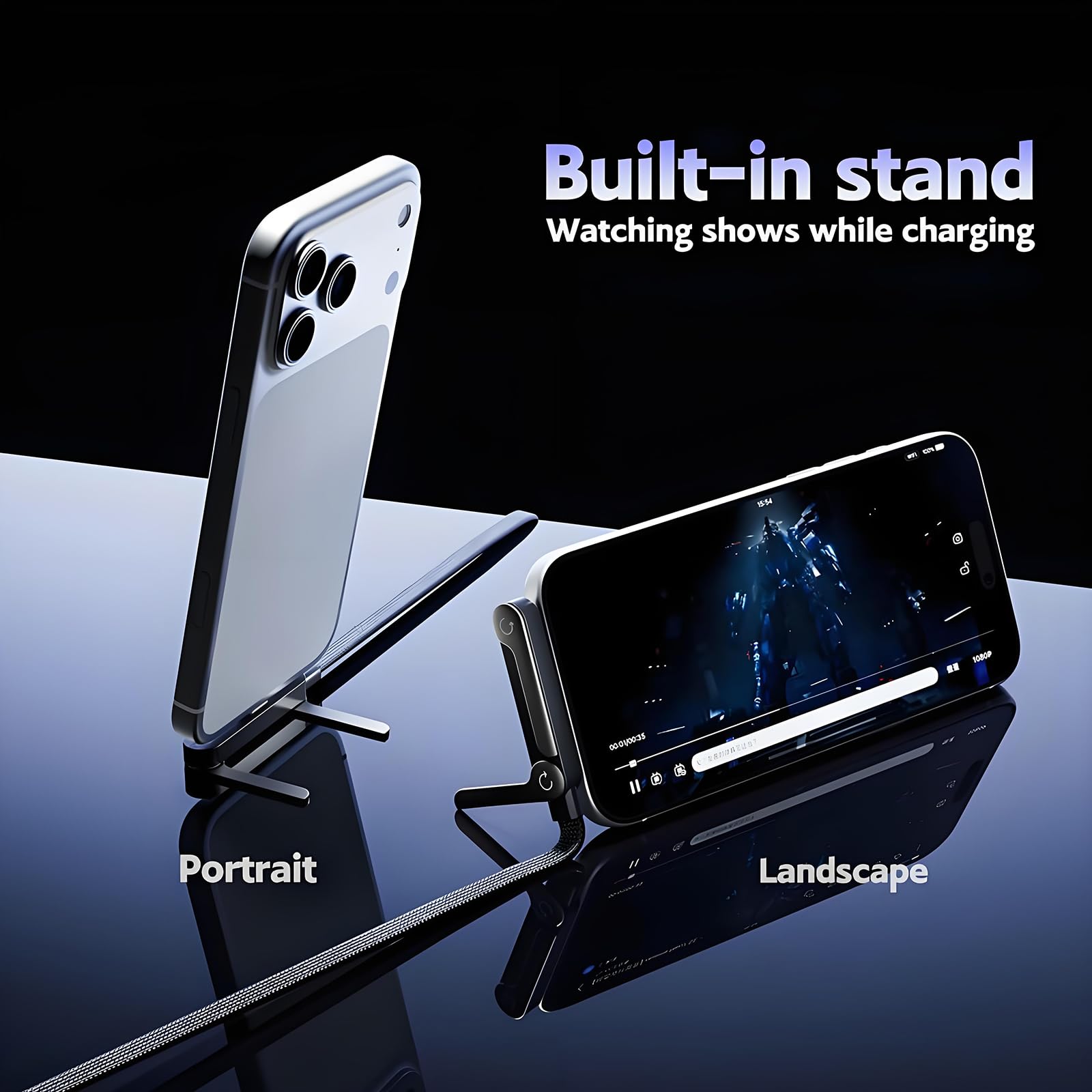 Niewidoczny kabel do ładowania 2 w 1 – typ C na typ C, 240 W PD kabel do szybkiego ładowania z regulowanym metalowym stojakiem 90° do iPhone'a 15-17 / smartfonów / tabletów (2 szt.)