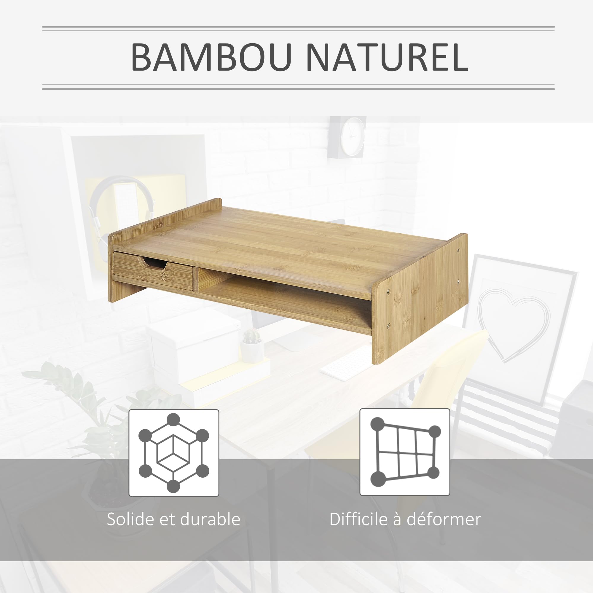 HOMCOM Rehausseur Écran PC Bureau avec Tiroir 49x25,5x11,5 cm Bois Naturel | Rehausseur Ecran, Support Moniteur, Ordinateur Portable, TV, Niche en Bambou