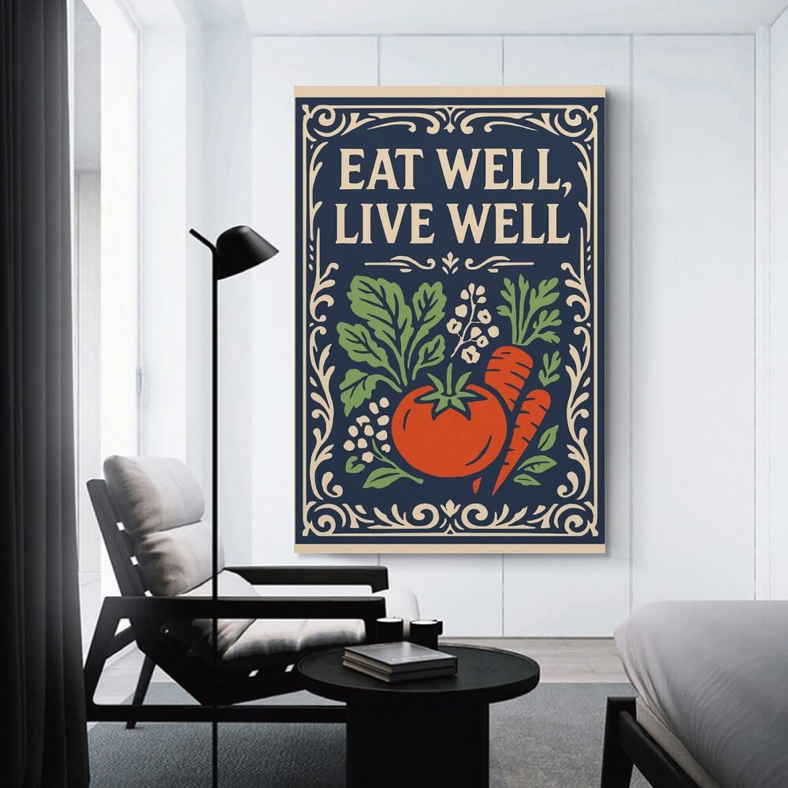 Junmoney Eat Well, Live Well Illustration Canvas Wall Picture, 16x24inch(40x60cm), for Bedroom Walls, Guest Spaces Or Lounges, Stylish Decor for A Restful Room Update