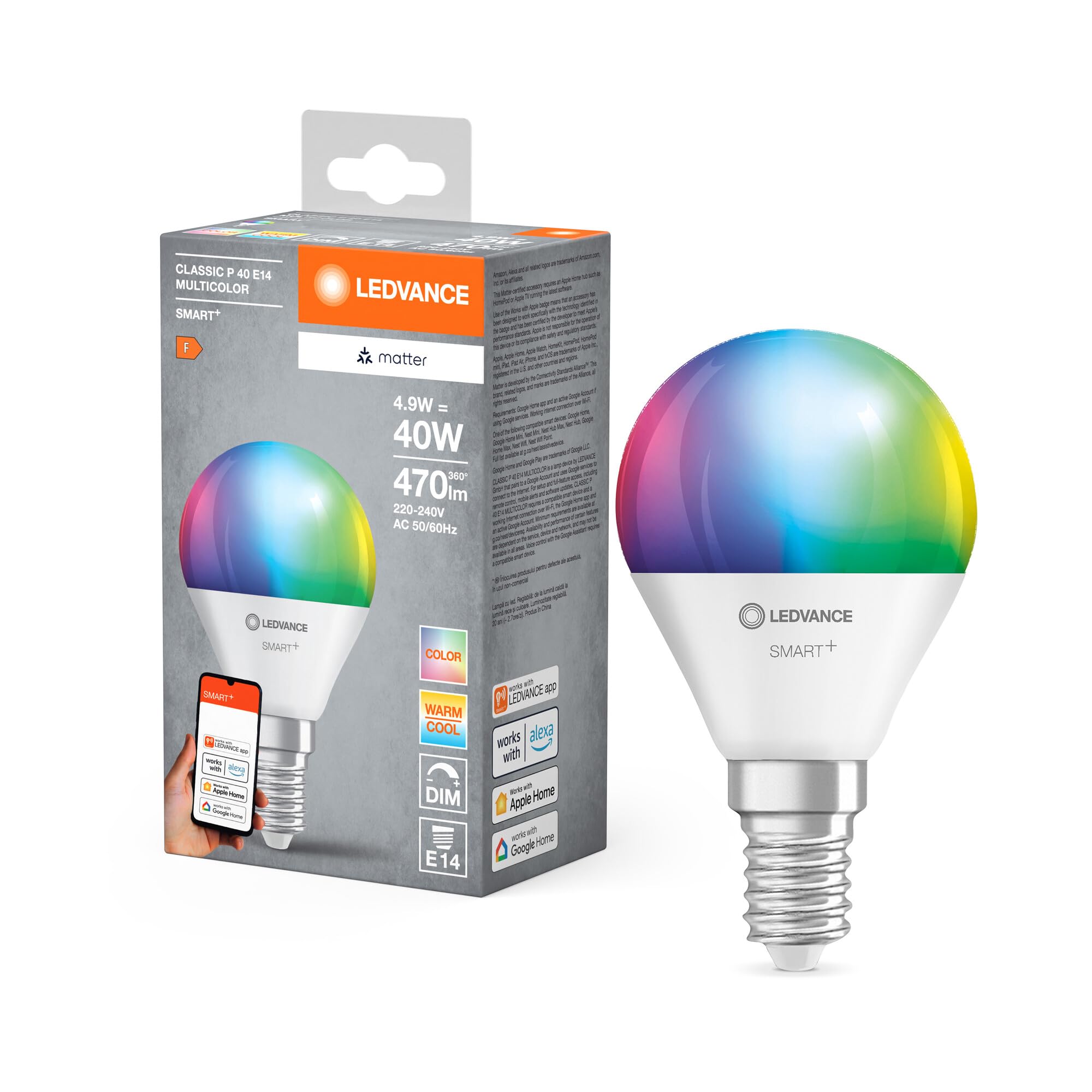 LEDVANCE LEDVANCE SMART+ MATT LED lampe, compatible avec Google, Alexa, Apple, White Frost Optics, 4.9W, 470LM, E14, Color Light & White Light, avec Vocal Control, jusqu'à 20 000 HRs, 1-Pack