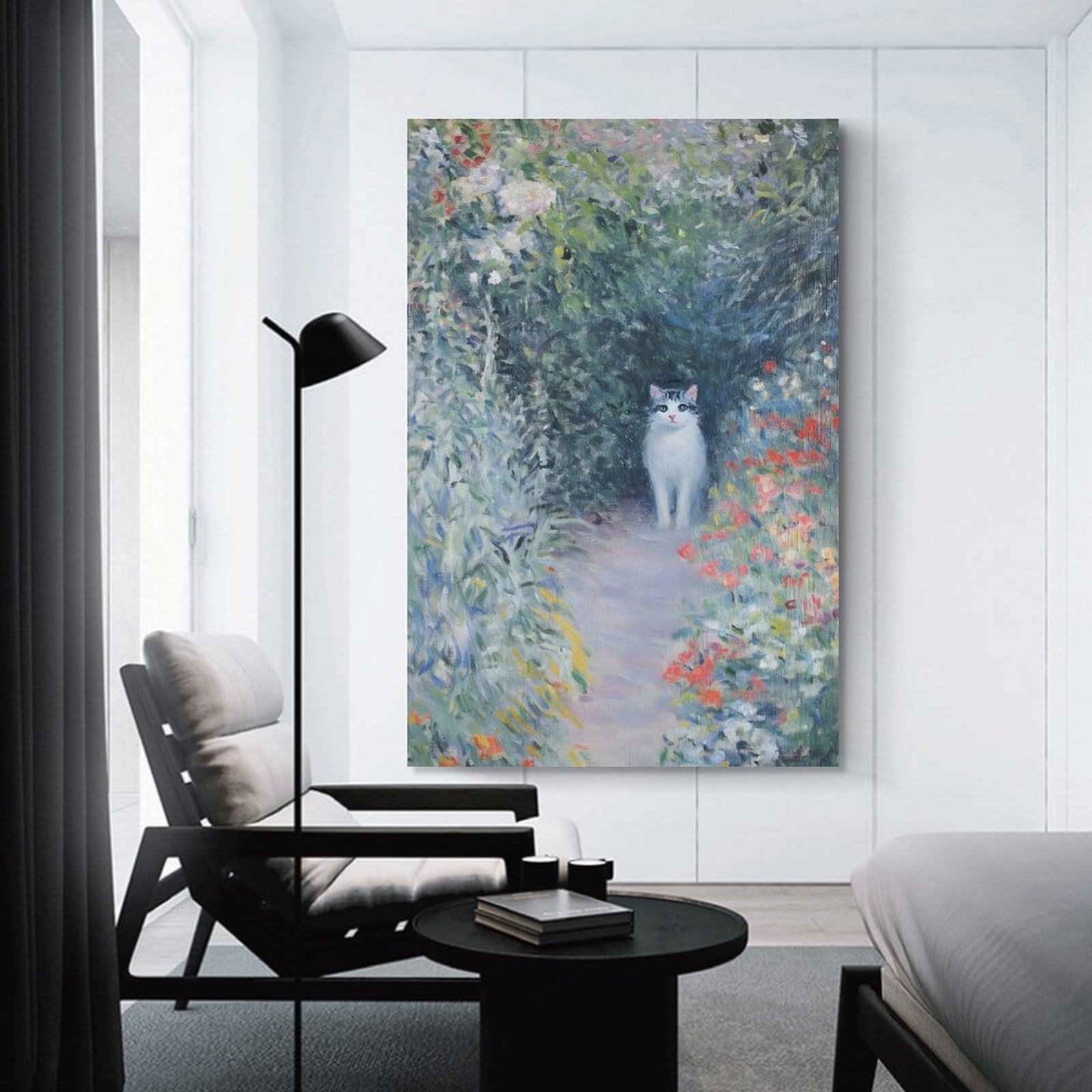 Junmoney White Cat in Garden Hanging Wall Art, 12x18inch(30x45cm), for Home Walls, Creative Rooms Or Shared Spaces, A Flexible Wall Accent for Shared Spaces