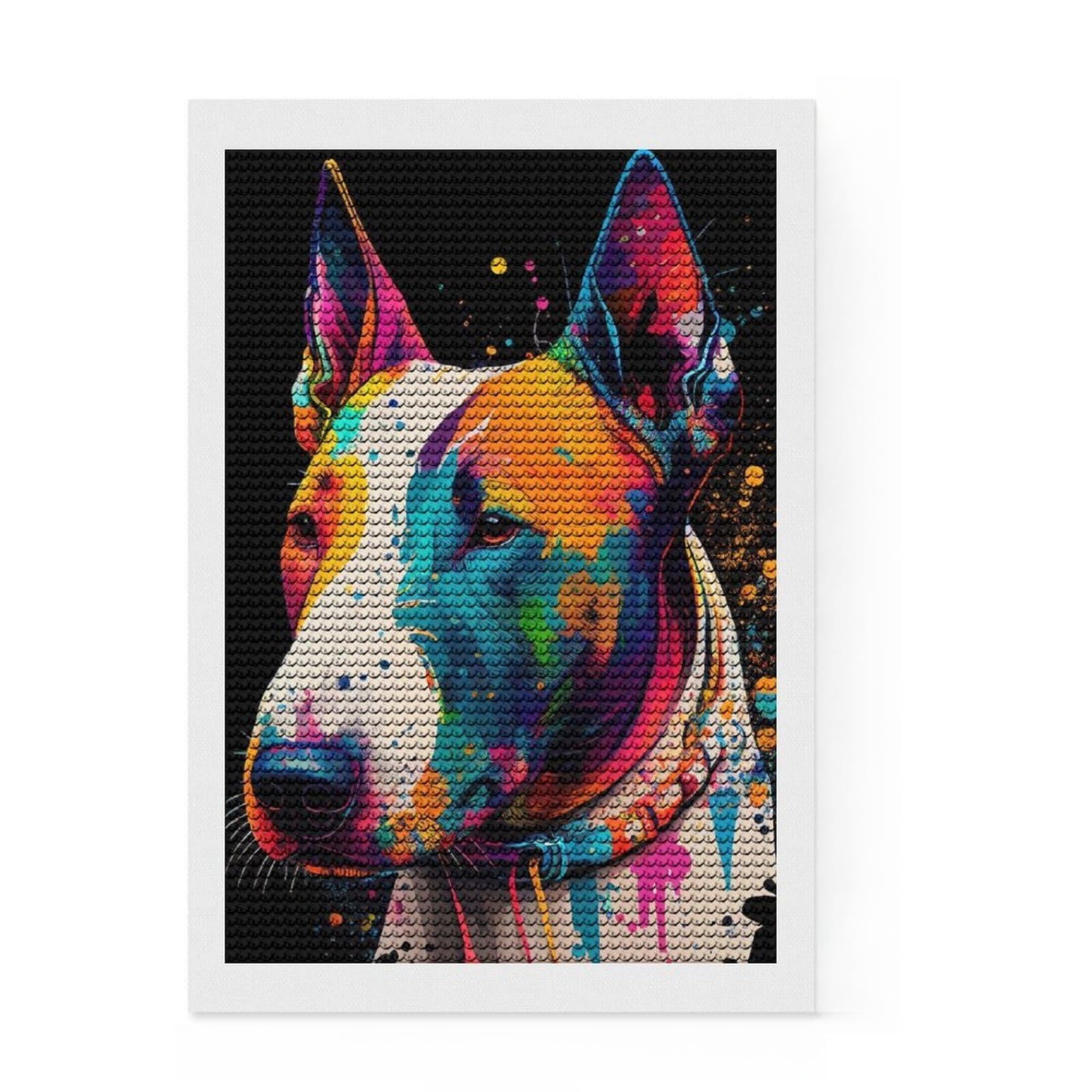 Junmoney Bull Terrier Colorful Round Drill Diamond Painting 8"x12", Relaxing DIY Hobby, Sparkling Round Gems, Modern Decor, for Adults