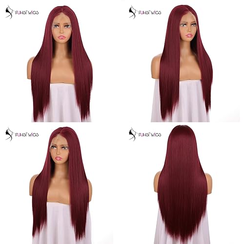 Miniatura 2 de Pelucas de cabello sintético color rojo púrpura de 13 x 6, peluca natural real para mujer, suave y lisa, sin enredos, con correas elásticas, para un