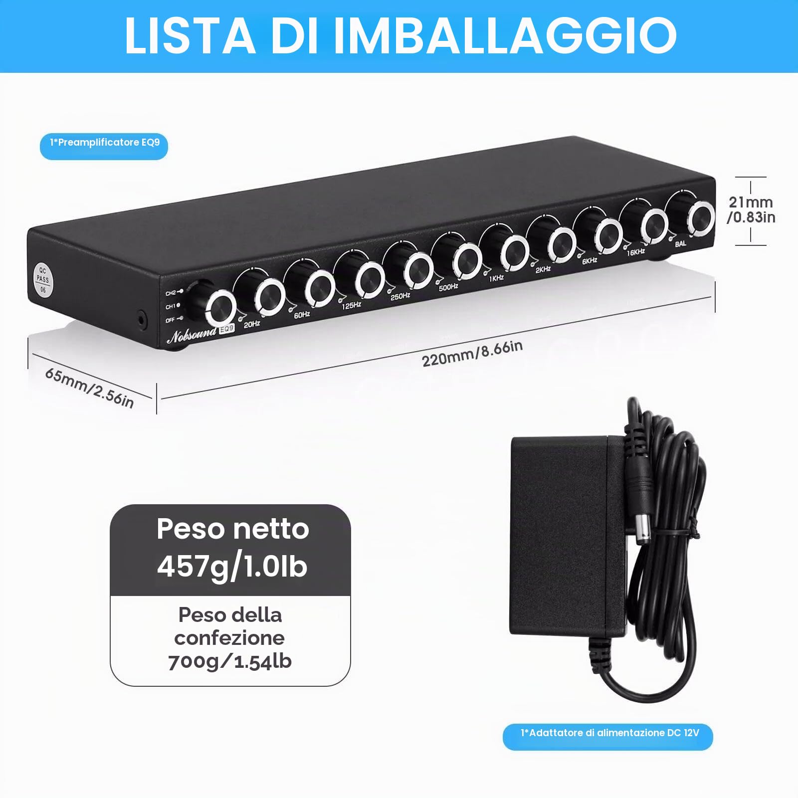 Nobsound HiFi 9-Band Stereo EQ Preamplificatore Equalizzatore Analogico Processore Audio (EQ9)