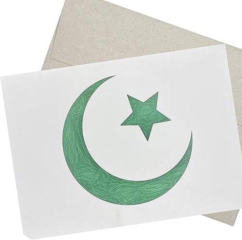 Tarjeta islámica musulmana de 7 x 5 pulgadas con interior en blanco, luna creciente verde e islam estrella, 175