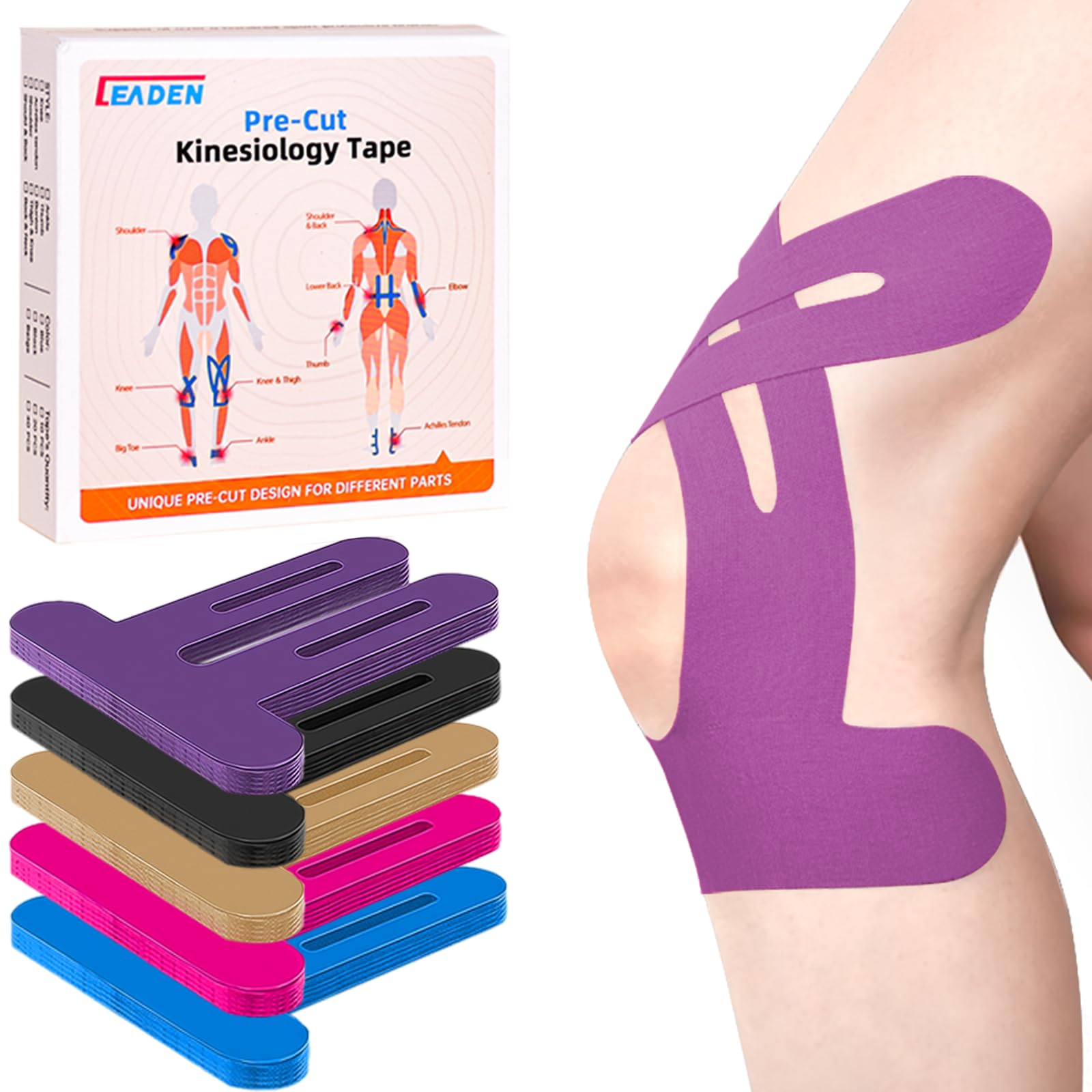 Precut Kinesiology Tape for Knees, 10 Pcs - Knee Support &amp; Stability, Knee Pain Relief Athletic Tape - Waterproof &amp; Elastic, Hypoallergenic Latex-Free Tape, Purple