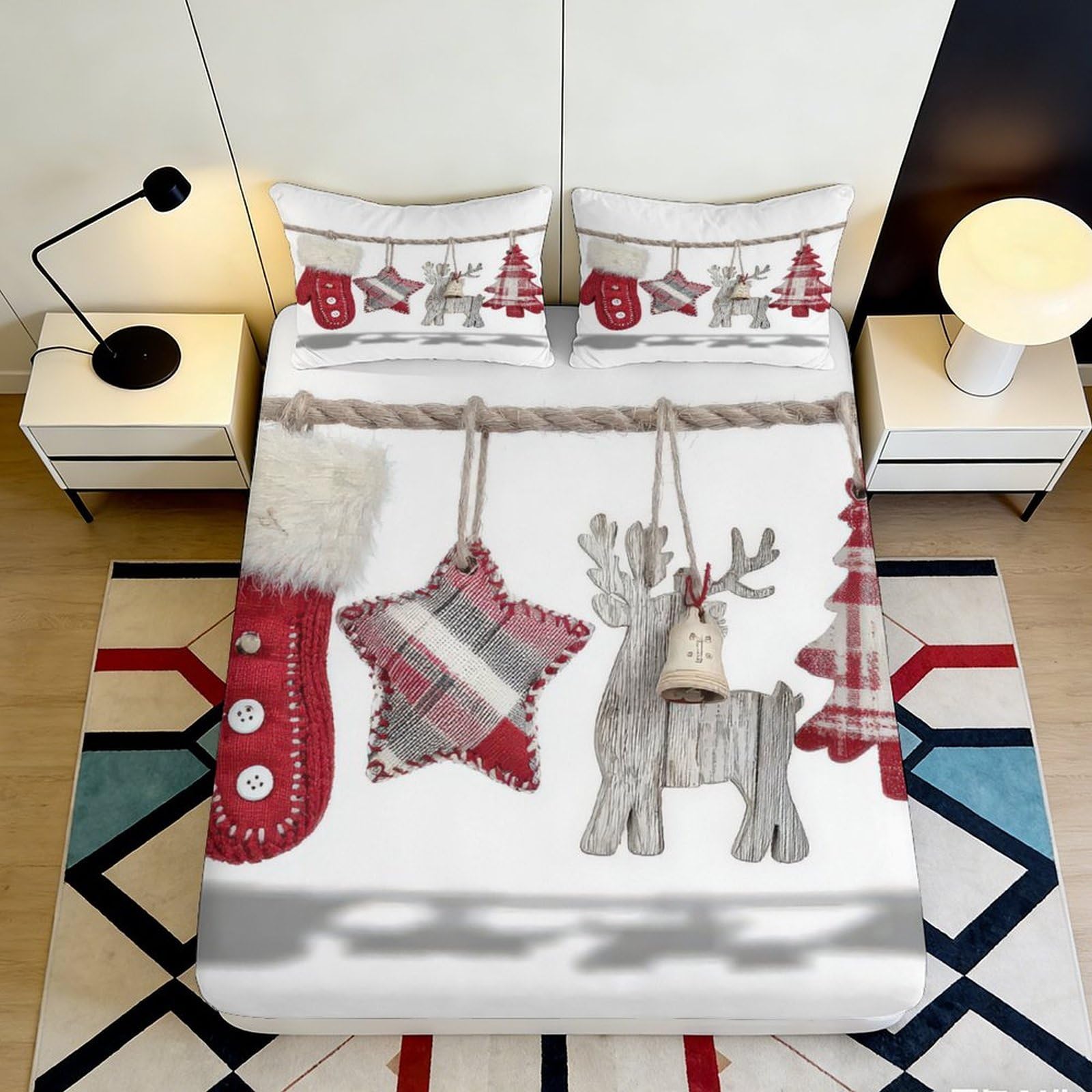 Pnayamiorkfel Style-6 3D Printed Christmas Nordic Reindeer Fitted Sheet Microfiber Red Plaid Star Mattress Cover For Bedroom Guest Room Decor 90X200x25cm
