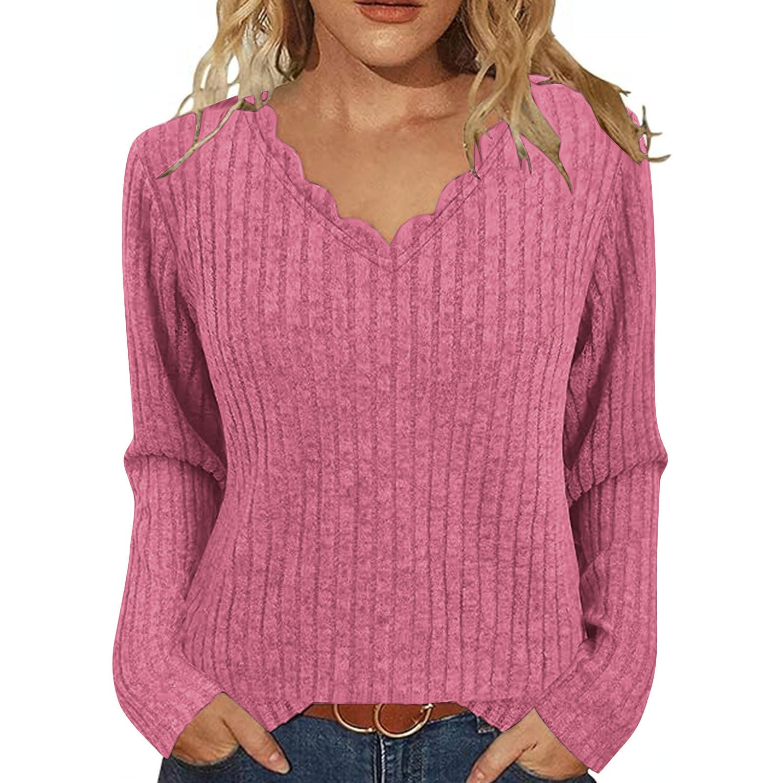 Womens Sweaters Casual Long Sleeve Scalloped Trim V Neck Lightweight Ribbed Knit Tunic Shirts Pullover Sweater Tops