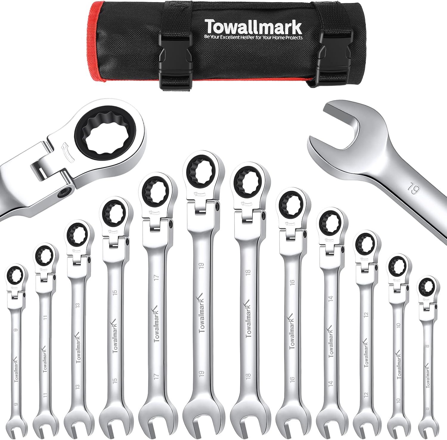 Towallmark 12-Piece Flex-Head Wrench Set, Ratcheting Combination Set, Metric 9-18mm, 72-Teeth,Cr-V Steel Ratchet Wrenches Set with Storage Bag for truck/garage projects, etc.