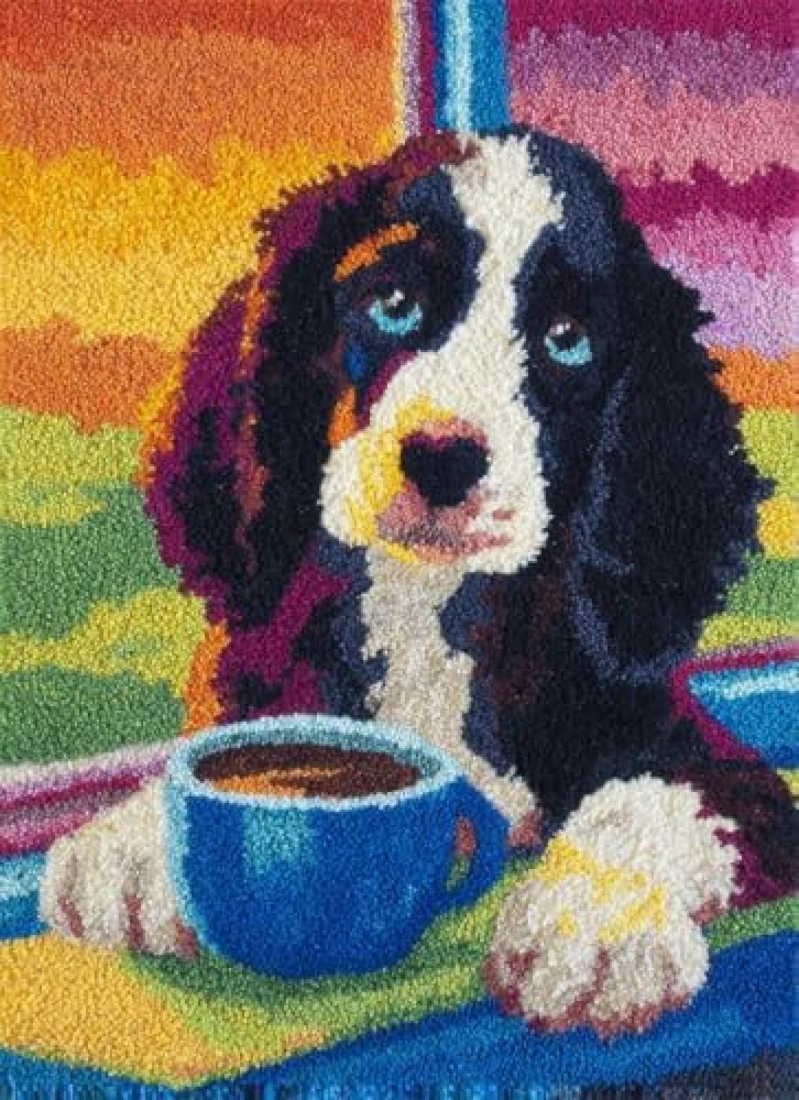 XDEGHUANGSS Latch Hook Rug Kit English Springer Spaniel Puppy Drink Coffee with Pre-Printed Mat Cover DIY Cushion Crochet Yarn Hooking Craft Set for Floor Decor 38x52cm-4