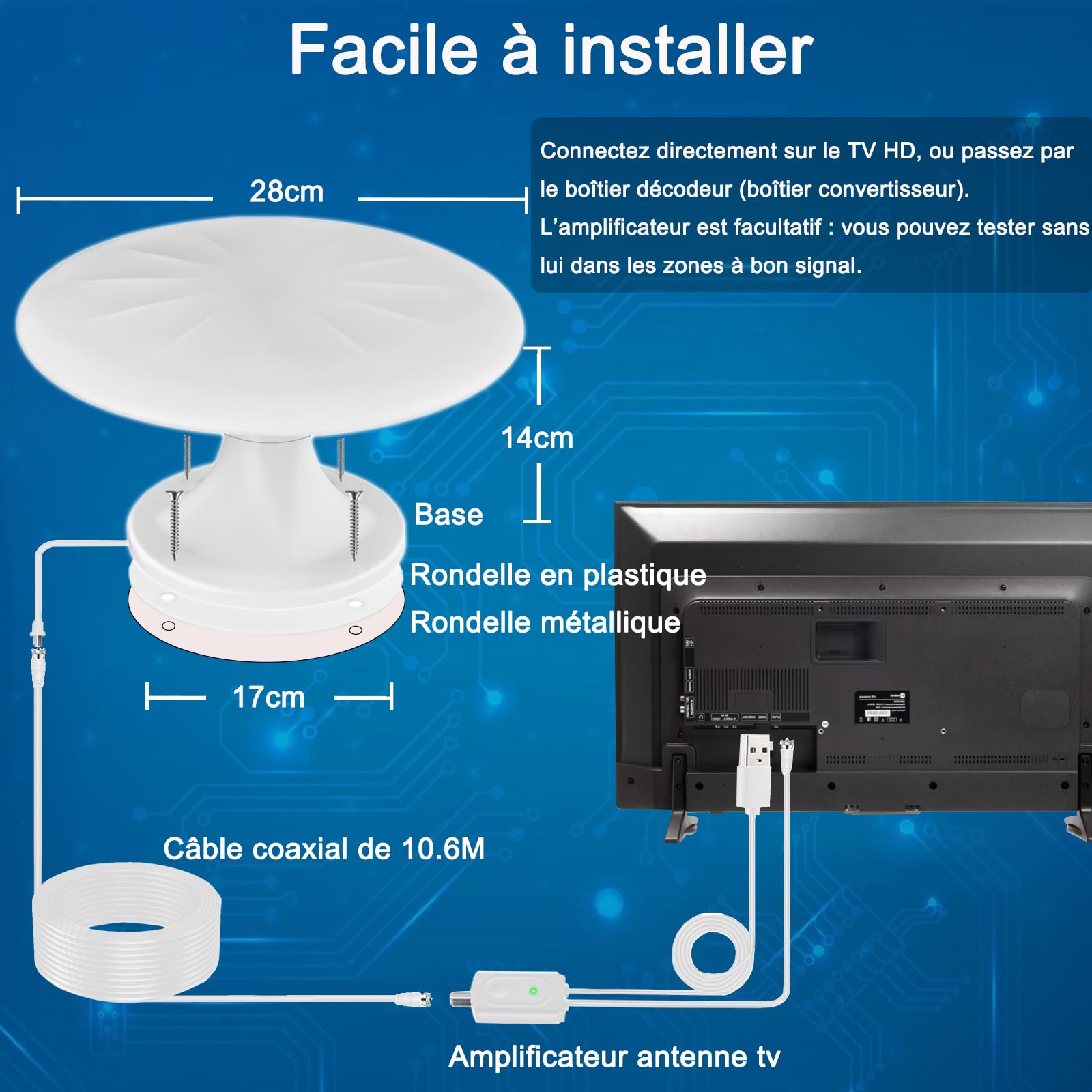 Antenne TV Exterieure Puissante, Antennes TNT Exterieur Puissante | Réception Omnidirectionnelle 720° Antenne TV Exterieur, pour Camping Car, Caravane, Fourgon, Van, Camion, Bateau, 35FT Câble