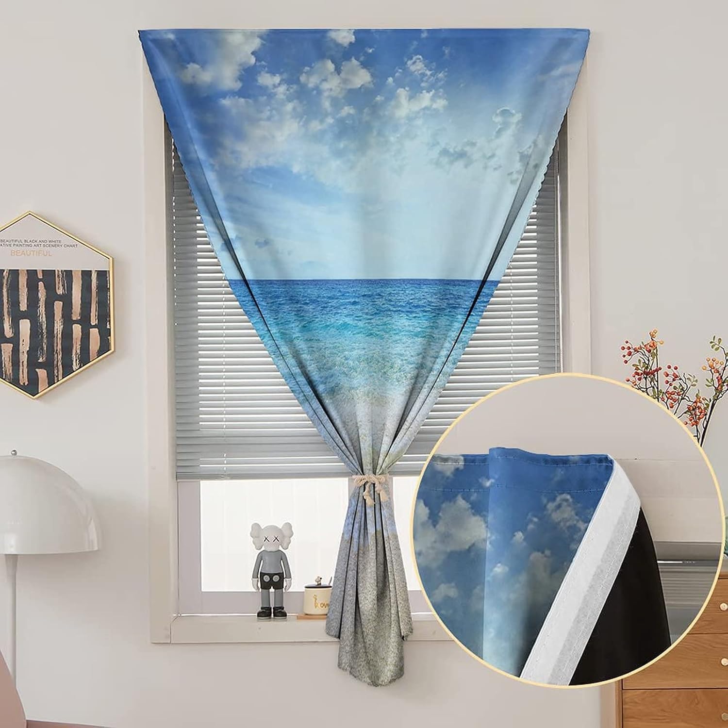 Self Adhesive Portable Blackout Curtains, Ocean Decor Room Darkening Curtains, Wavy Crystal Sea and Bright Sky with Clouds Print Temporary Blackout Blinds,47W x54L Inches, for Children Kids Bedroom