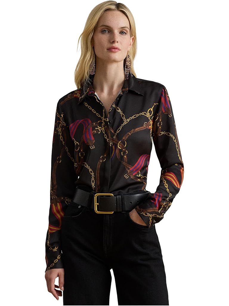 Bone Lauren Ralph Lauren Petite Classic Fit Belting-Print Satin Shirt