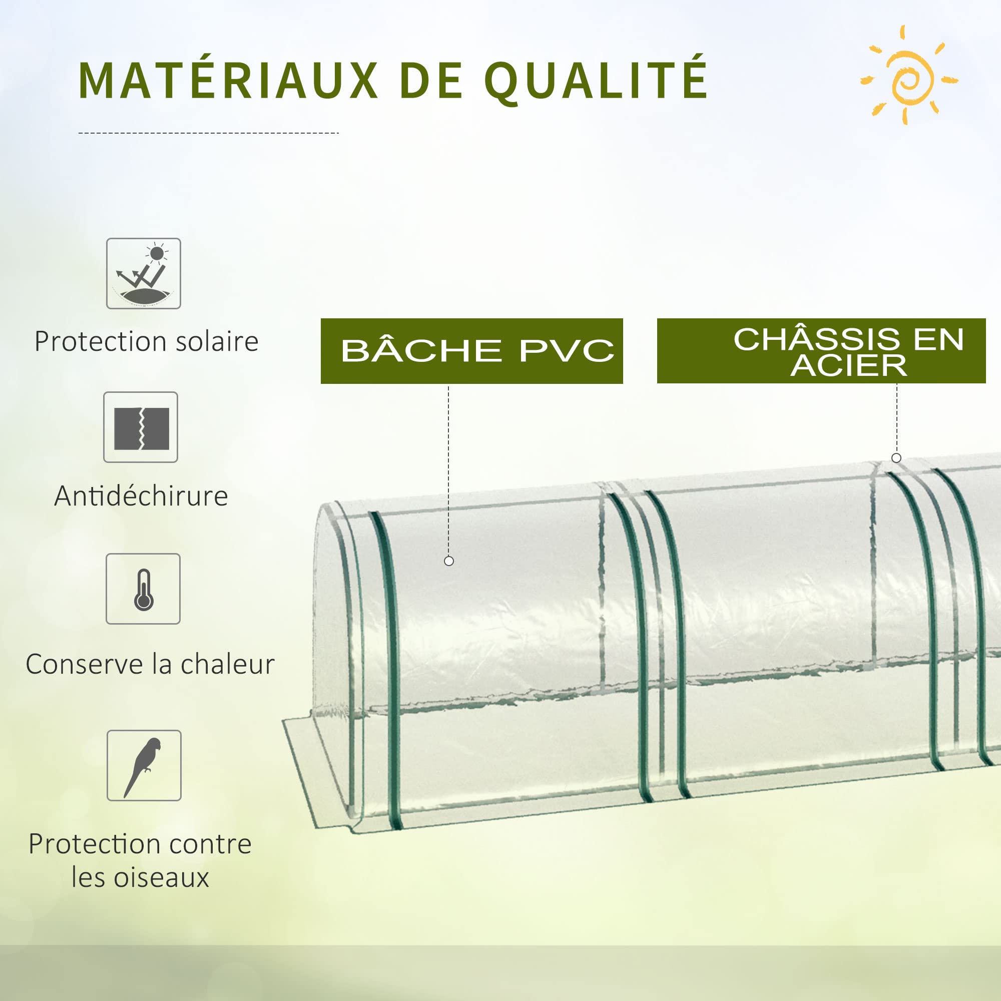 Outsunny Mini Serre de Jardin, Mini Serre Tunnel, Serre à Tomates 3,95L x 1l x 0,8H m, Acier, PVC Haute Densité Anti-UV, 4 Fenêtres avec Zip Enroulables, Vert et Transparent
