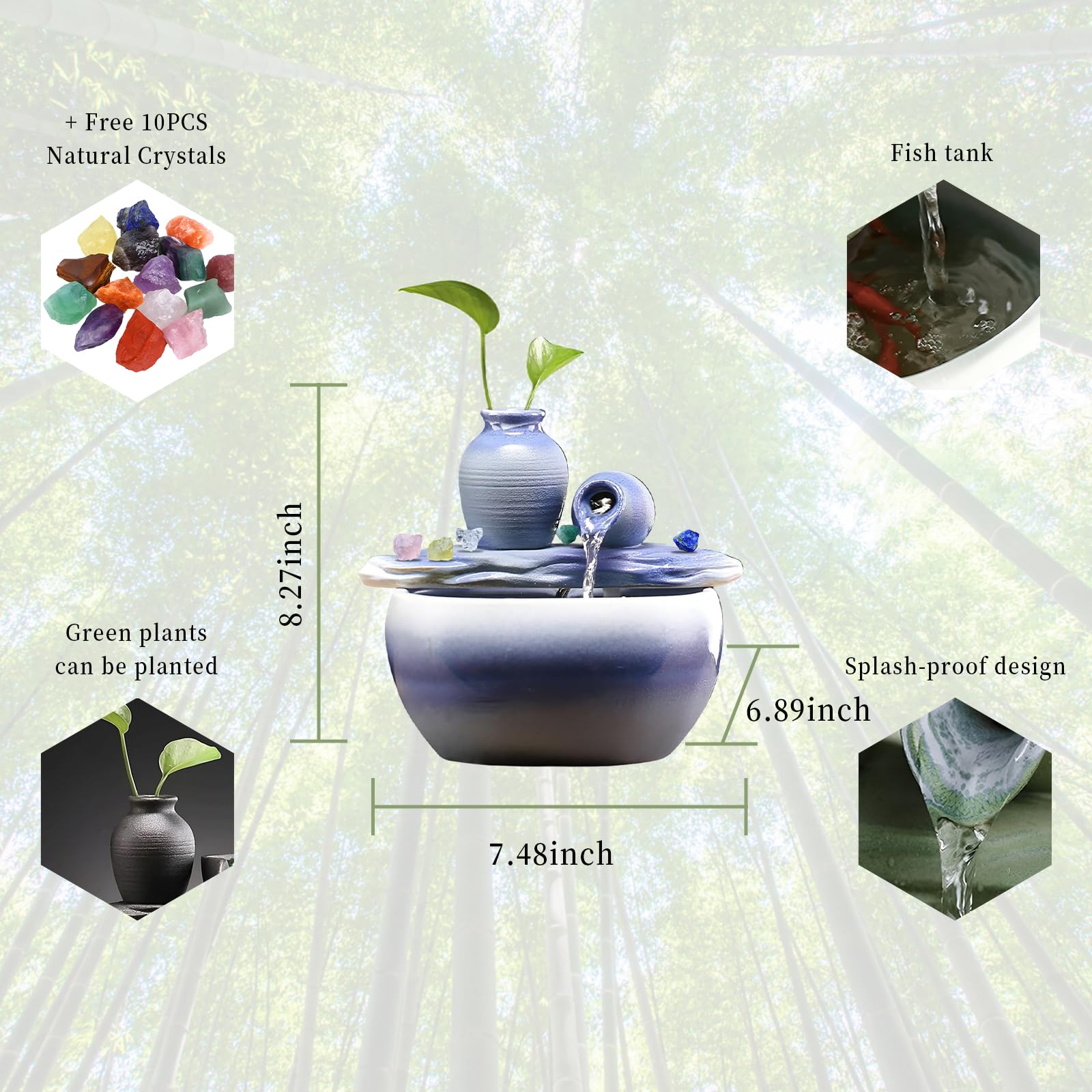 8.27 Inch Indoor Home Decor Ceramic Desktop Fountain Studio Desktop Fountain Zen Micro Landscape Fish Tank Home Accessories +Free 10PCS Crystals (21 * 18 * 19 CM & Purple)