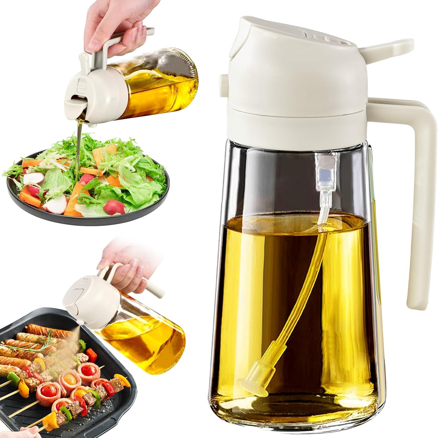 16 OZ Olive Oil Dispenser Sprayer Bottle for Cooking, Spray and Pour 2 in 1 No BPA Plastic Bottles for Air Fryer, Kitchen Gadget Mister, Sprizer, Pump for Vinegar Dispensers, Food Dispensing, White
