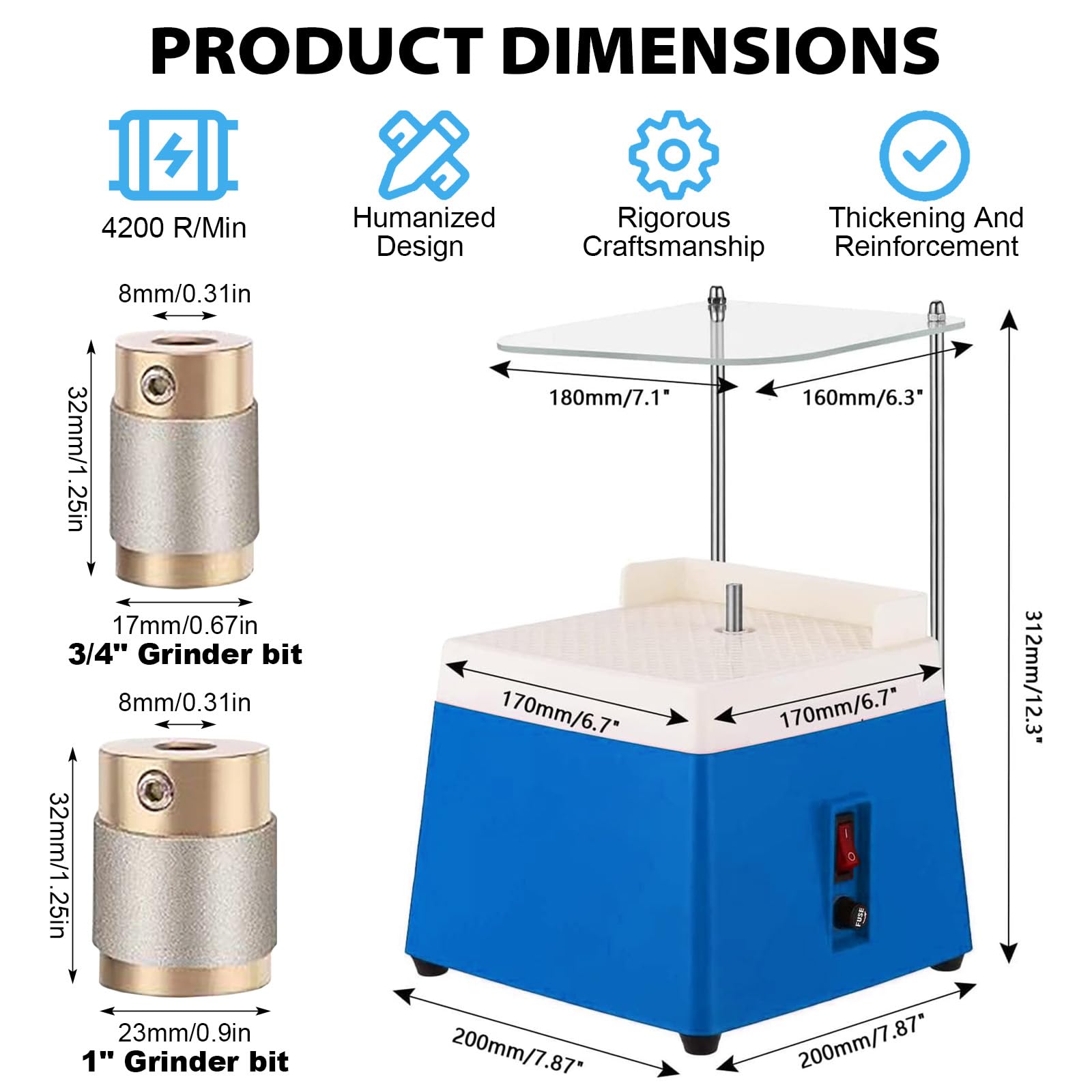 Mini Amoladora de Vidrio, Molino de Vidrieras Portátil 4200 RPM, Amoladora Automática de Vidrio Teñido con 2 Tamaño de Pulido y Panel Deflector, para Vidriera, Mosaico, Cerámica y Artis