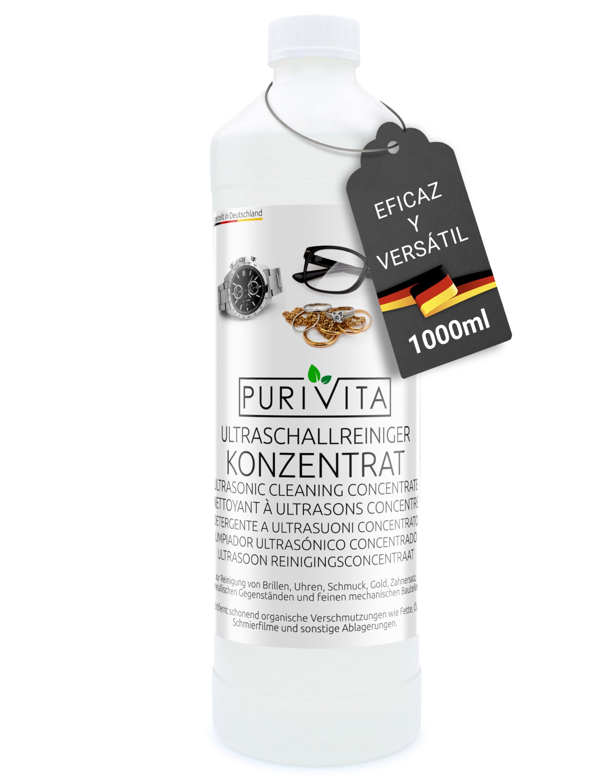 PURIVITA - Líquido para Limpiador Ultrasonidos - baño ultrasónico, Limpiador plata, gafas, dentaduras postizas, joyas - Limpiador Ultrasónico 1000ml