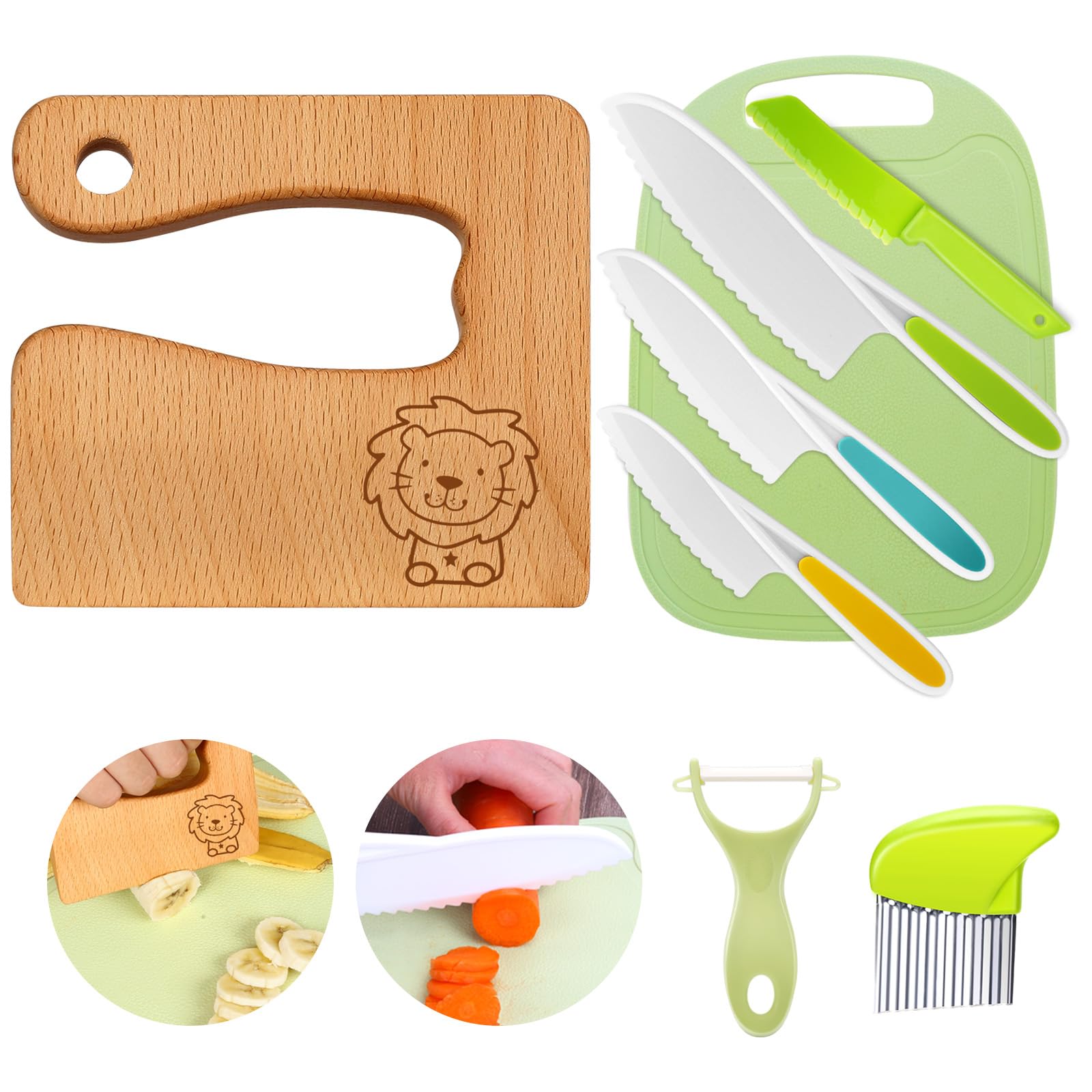 Goodchef Kindermesser Set 8-teiligs, Sicherheitsmesser für Kinder ab 2 Jahren, Montessori Küchenset mit Schneidemesser, Kinder Küchenutensilien für Lernen & Spielen(Löwe)