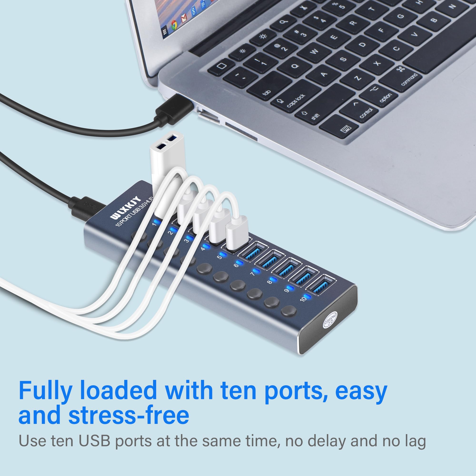 Aktiver Hub mit 72W (24V/3A) Netzteil, 10 Aluminium Ports USB 3.0 Hub zum Laden und Hochgeschwindigkeitsdatentransfer, Multiport USB 3.0 Splitter mit Einzelschaltern, USB-C Adapter