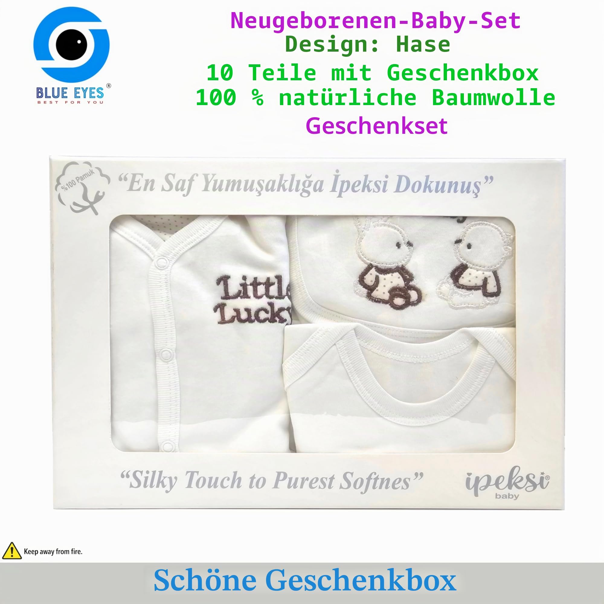 Blue Eyes Neugeborenen Baby Geschenk Set 100% natürliche Baumwolle Erstausstattung Erstlingsausstattung Ausstattung Unisex Kleidung Geschenkset für Babys 0-4 Monate 10 teilig