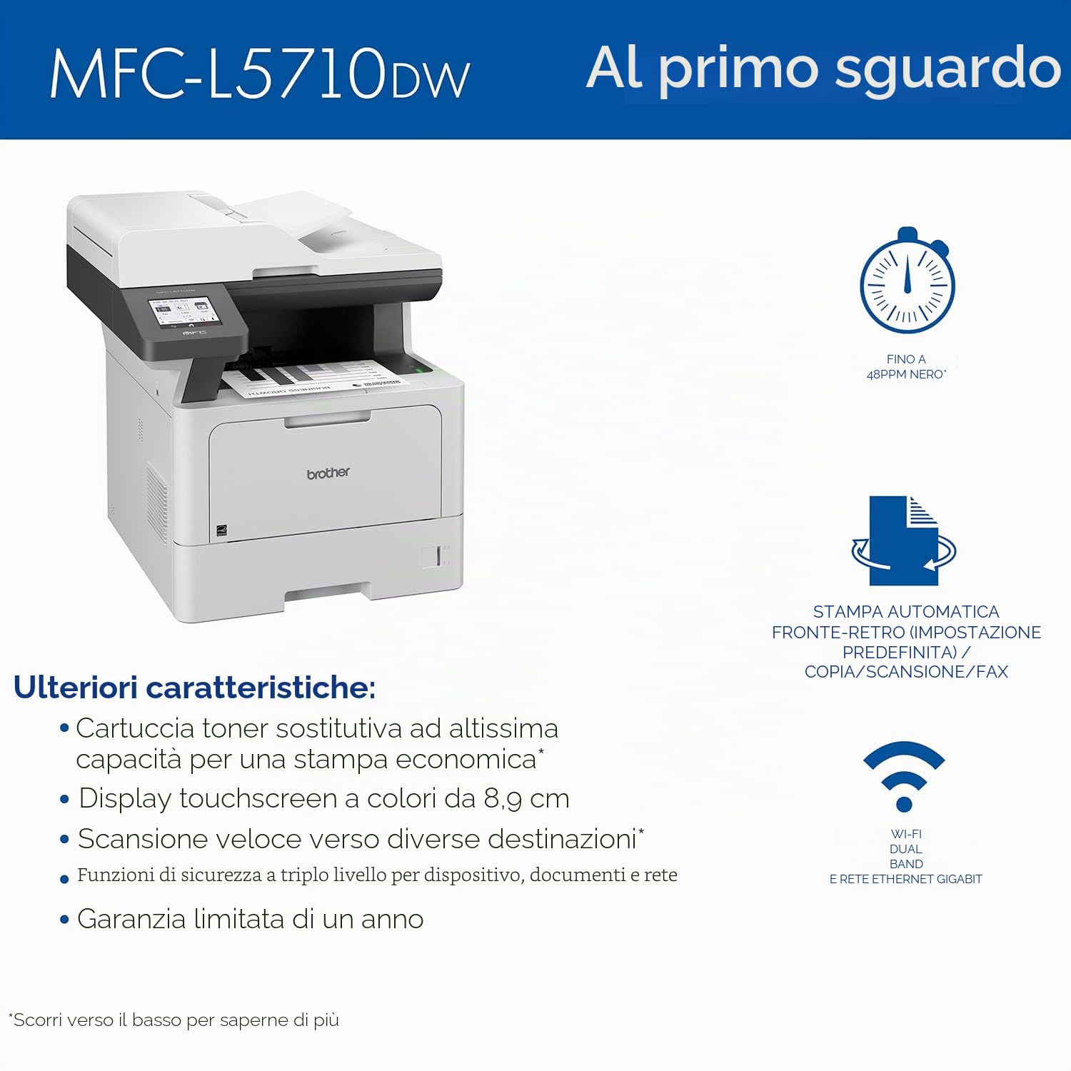 Brother MFC-L5710DW Stampante laser monocromatica multifunzione con rete wireless e stampa, scansione e copia fronte/retro, compatibile con Alexa