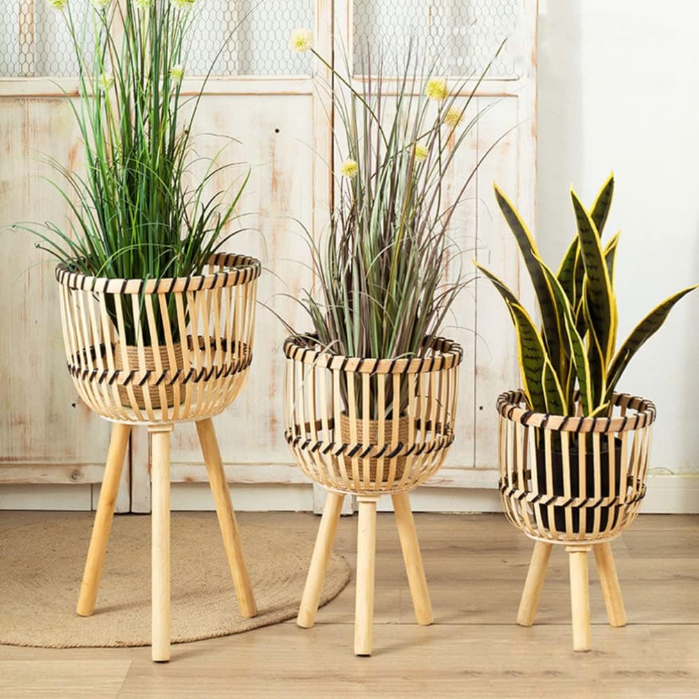 GANAZONO Woven Plant Stand Rattan Plant Pot on Wooden Standing Legs Wicker Planter Pot Tall Plant Holder Flower Riser Holder Plant Display Rack for Home