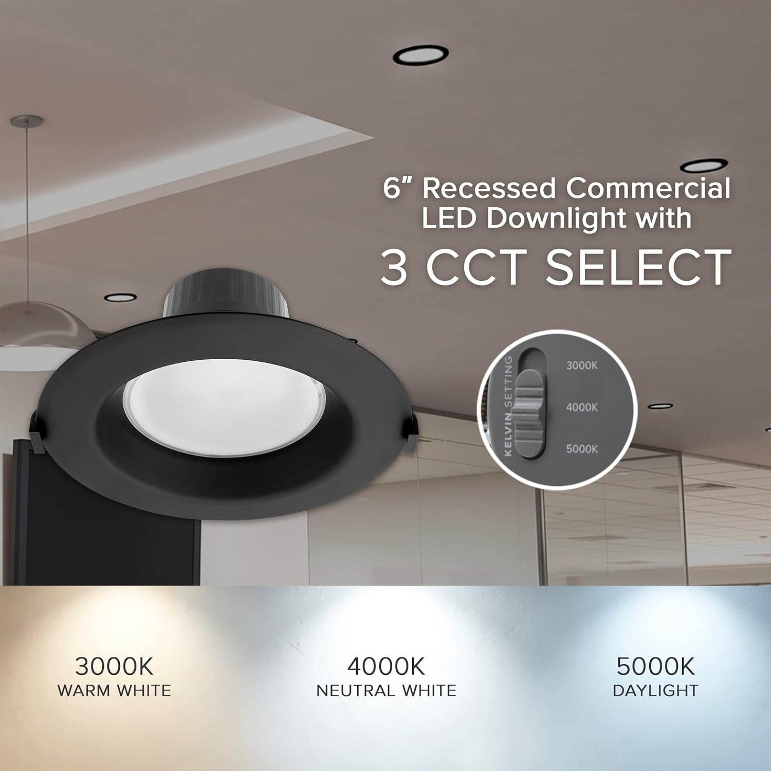 Maxxima 6" Recessed Commercial LED Downlight, Selectable Color Temperature/Wattage, Black Trim, Up to 1600 Lumens, Low Voltage 0-10V Slide Dimmer Switch