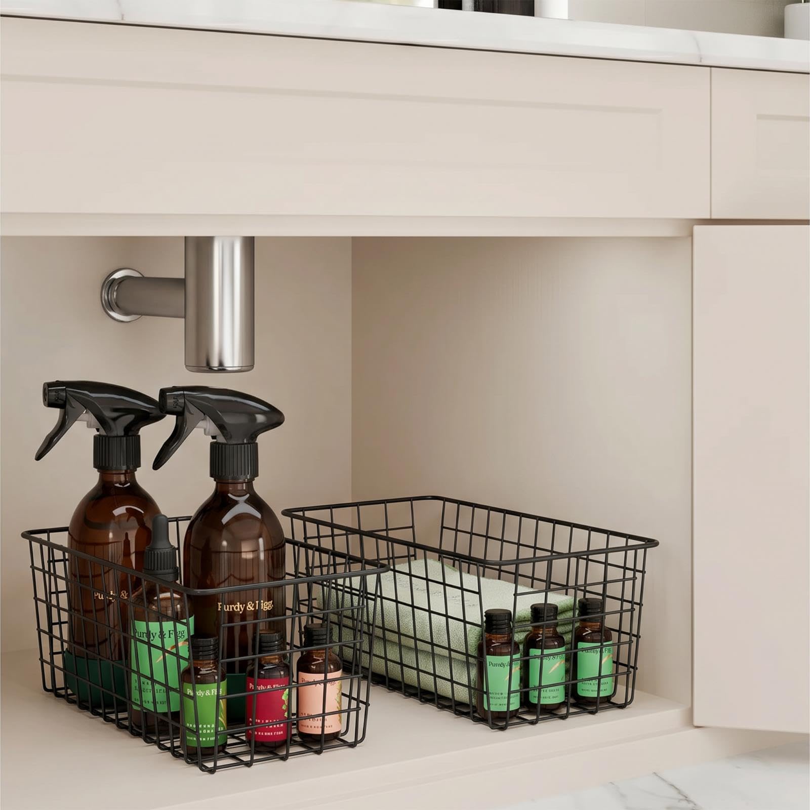 OHS Black 2 Pack Under Sink Storage Wire Basket Metal Small Storage Baskets