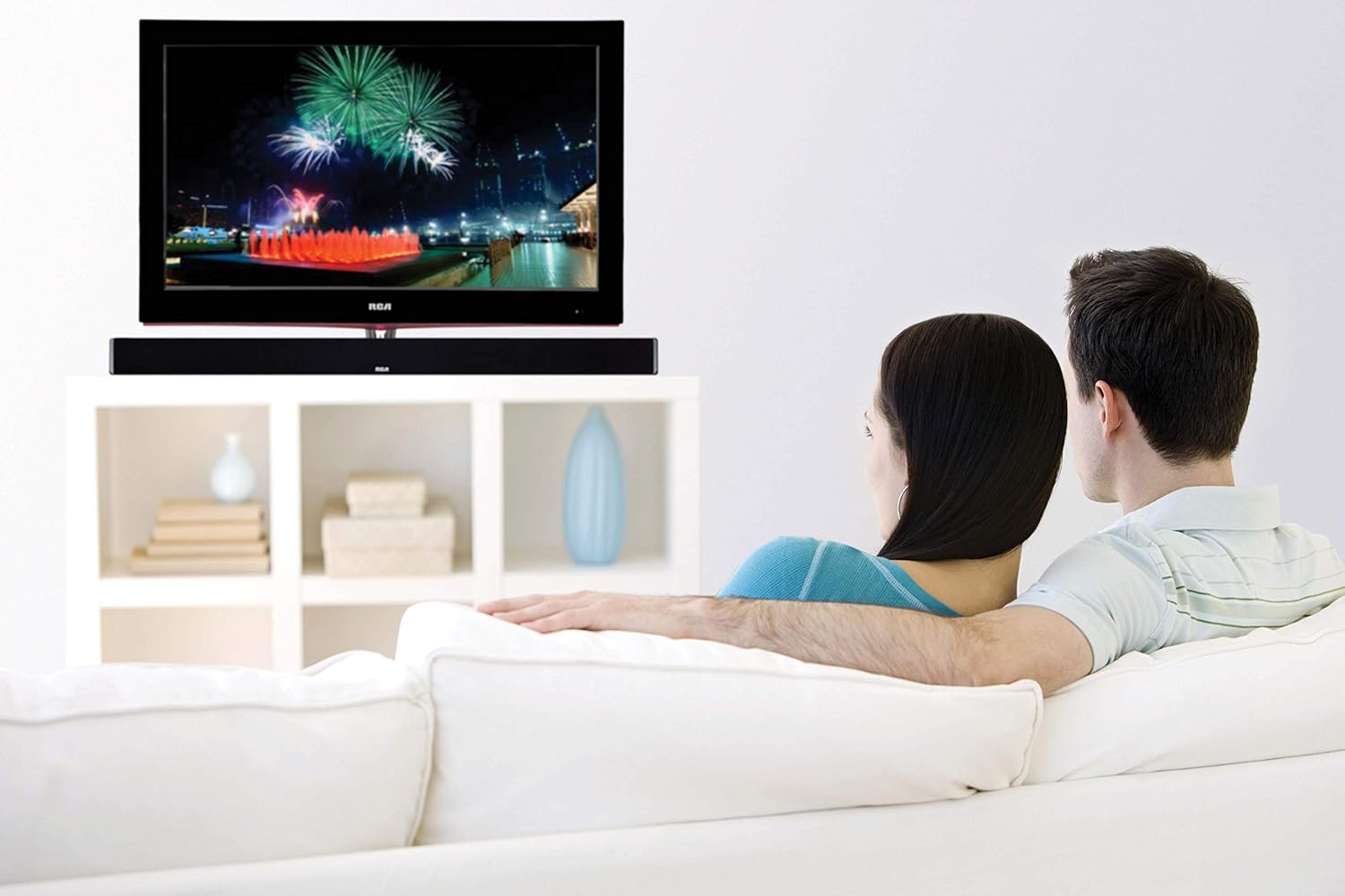 RCA Sound Bar placed below a television in a living room setting