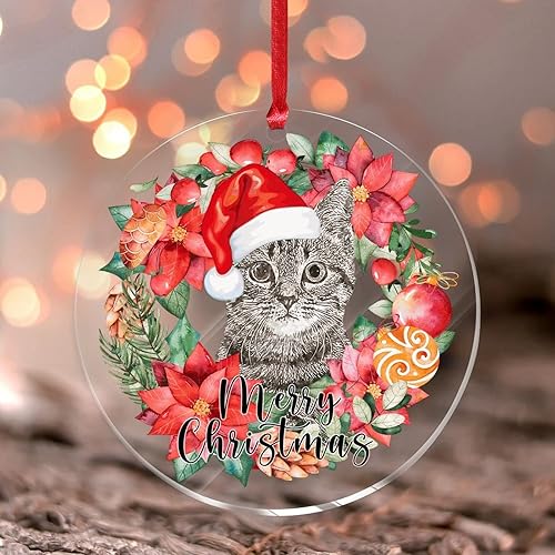 Adornos colgantes de gato de feliz Navidad diseño de gato gris con foto de gato adorno de árbol de Navidad decoración redonda transparente de Adornos colgantes de gato de feliz Navidad diseño de gato gris con foto de gato adorno de árbol de Navidad decoración redonda transparente de