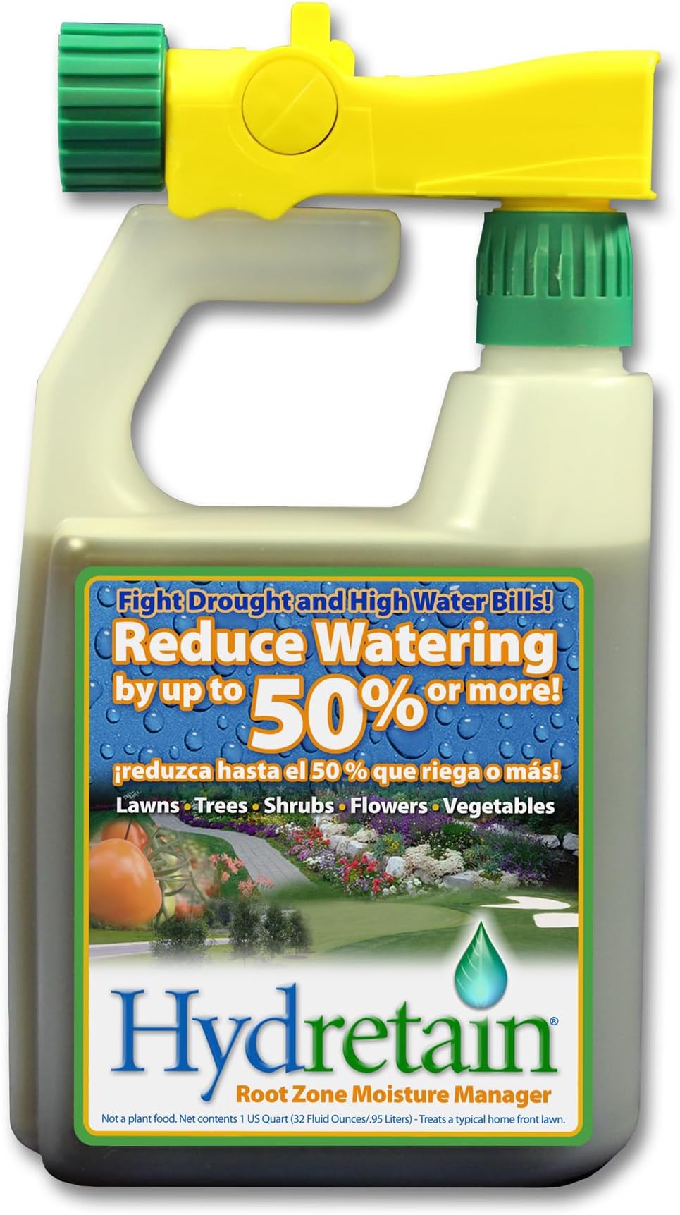 Hydretain Root Zone Moisture Manager - Drought Protection and Moisture Control for Lawns, Gardens, Containers - Reduces Watering, Delays Wilt - Covers up to 5,000 Sq Ft (32 Fl Oz., RTS)