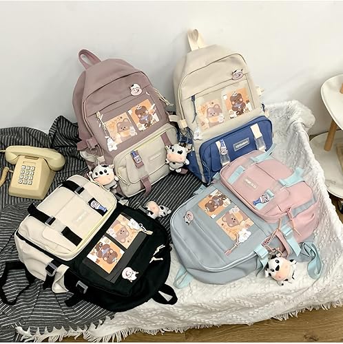 Miniatura 6 de Kawaii - Mochila estética para laptop, bolsa escolar de gran capacidad, bonita mochila de 17 pulgadas para niñas con insignia y colgante, Negro -,