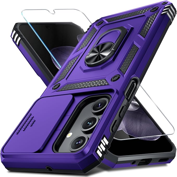 Janmitta Compatible with Samsung Galaxy A16 5G/4G Case Built in Slide Camera Lens Cover+Screen Protector+Finger Ring Holder Kickstand,Heavy Duty Shockproof Full Body Phone Cover,2025 Purple
