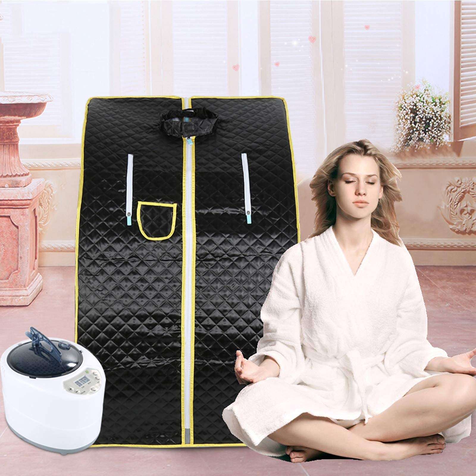 Sauna pliable cabine à chaleur Thérapeutique Spa 1000W Sauna à Vapeur,Sauna e portable,Personal Spa at home avec le contrôleur de température à distance (98x80x70cm)(Noir)