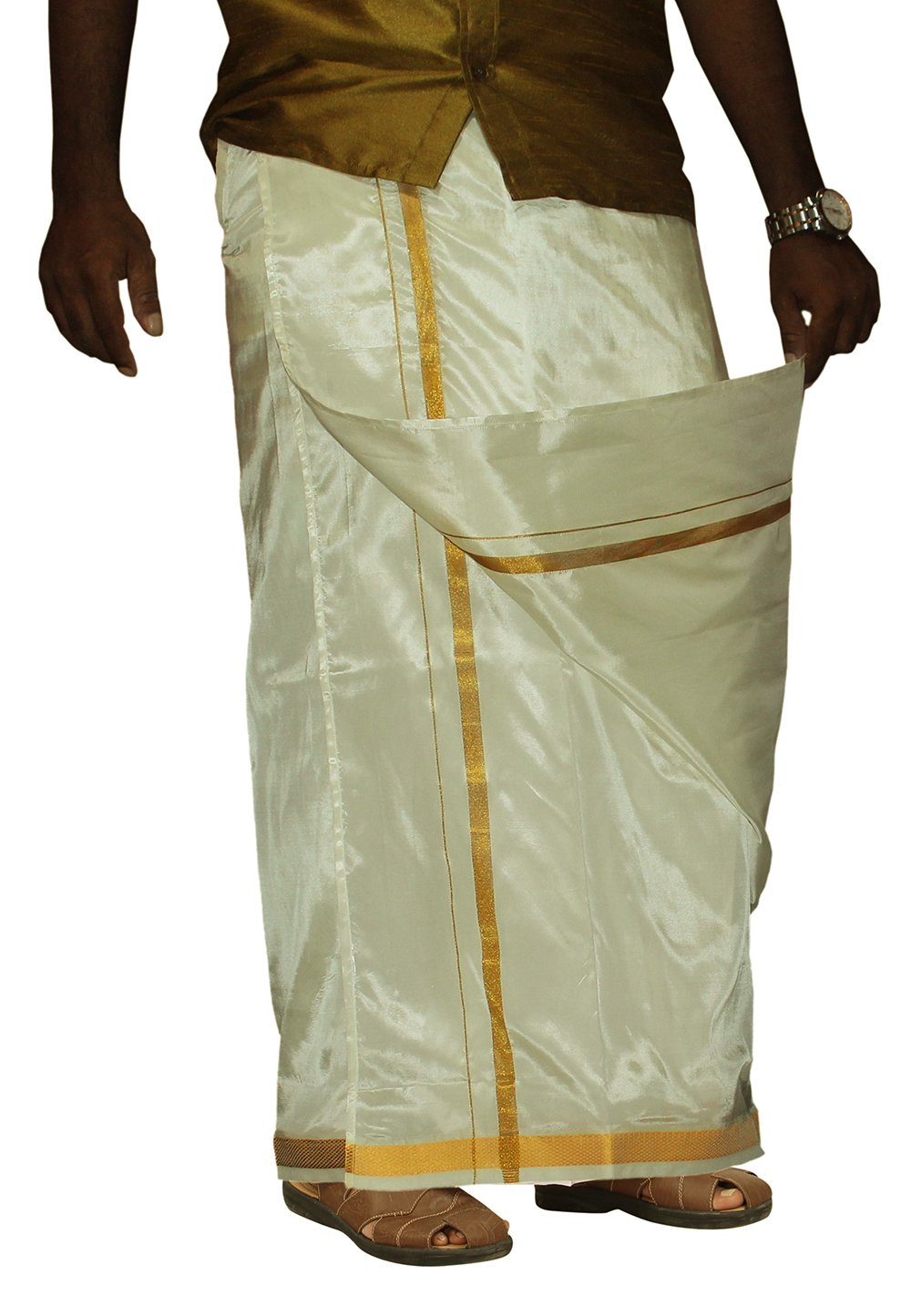 Prakasam Cotton Mens Pure Mixed Silk Double Layer Cream Colour Wedding Dhoti (1.30 X 3.60 Meter)