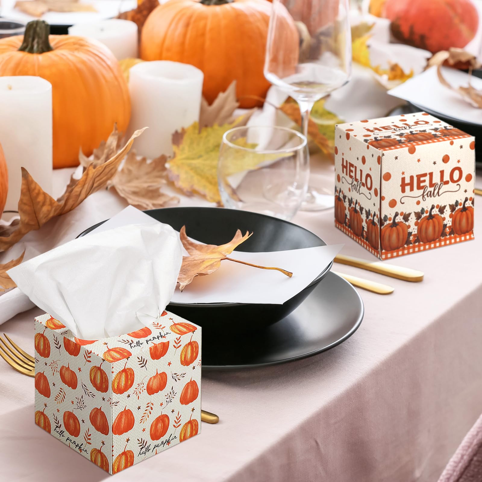 Bencailor Confezione da 12 scatole di fazzoletti per il viso autunnali a forma di zucca, 600 fogli a 3 strati, copertura quadrata in tessuto per accessori di casa e auto (arancione, Hello Pumpkin)